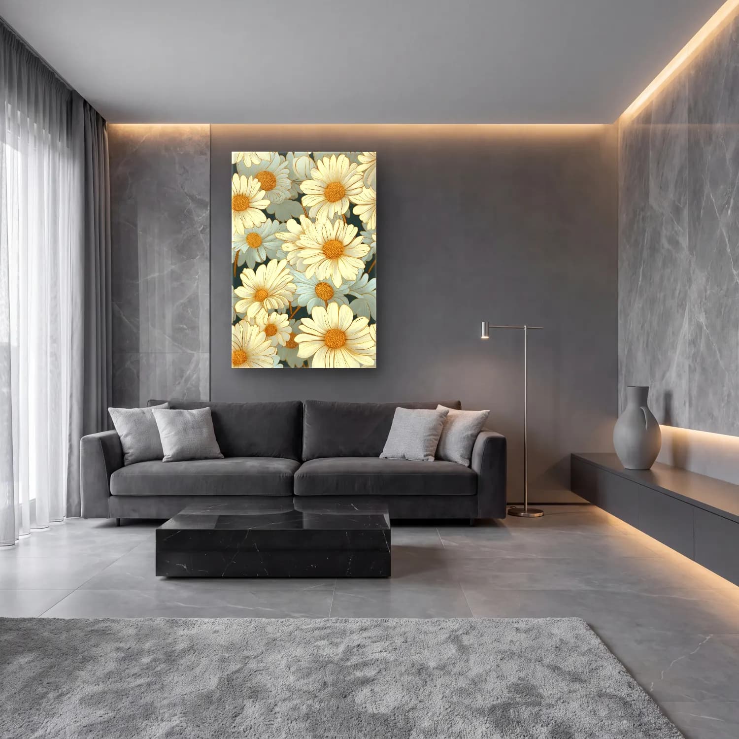 Pastel Papatyalar No. 22 cam tablo — lüks salon duvarında
