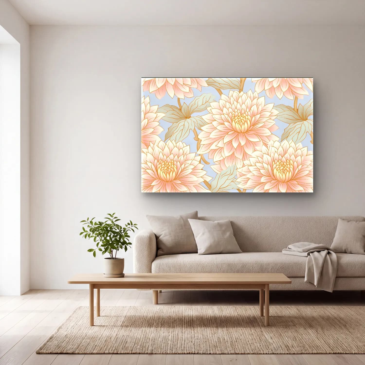 Pastel Çiçek Deseni No. 87 cam tablo — açık renk salonda