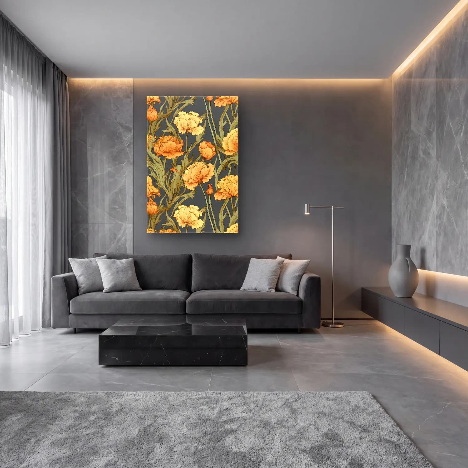 Botanik İllüstrasyon Çiçek Deseni No. 100 cam tablo — lüks salon duvarında