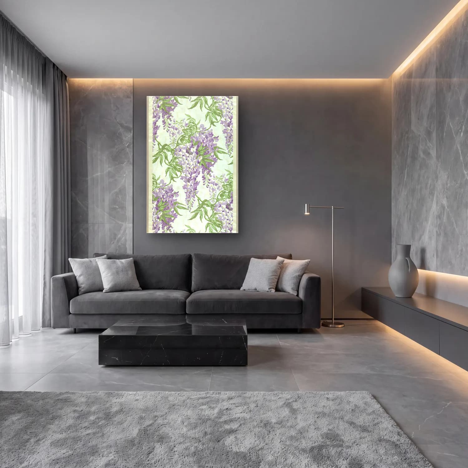 Botanik İllüstrasyon Çiçek Deseni No. 102 cam tablo — lüks salon duvarında