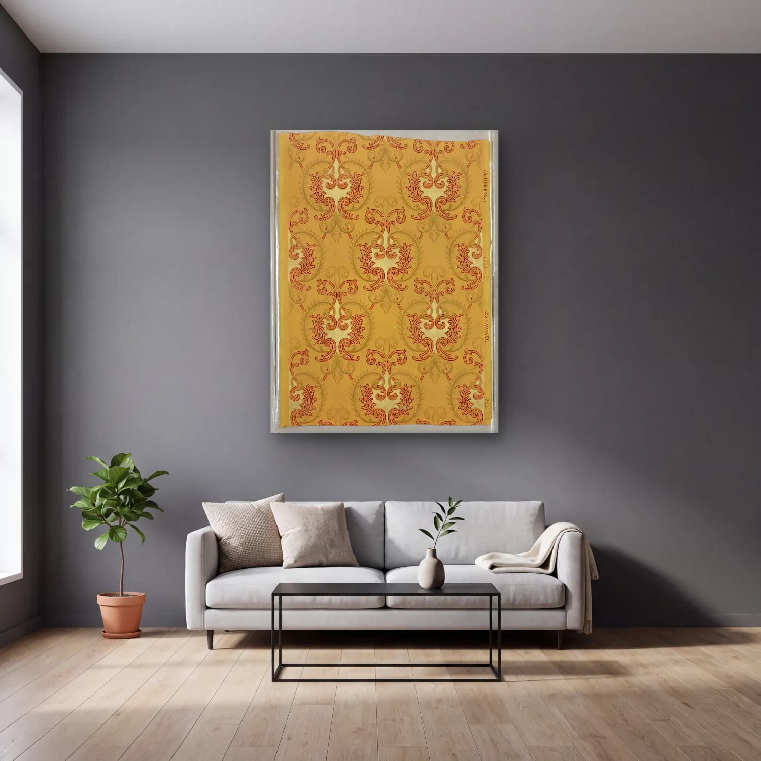 Retro Çiçek Deseni No. 121 cam tablo — gri duvarlı salonda