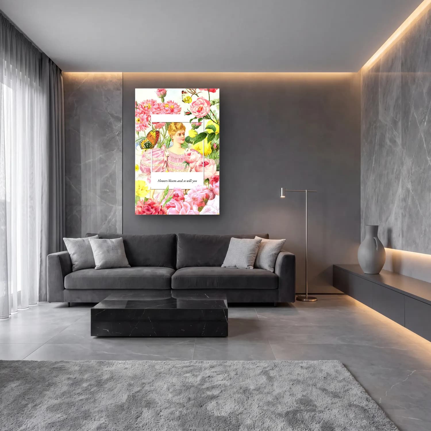 Pastel Güller No. 13 cam tablo — lüks salon duvarında