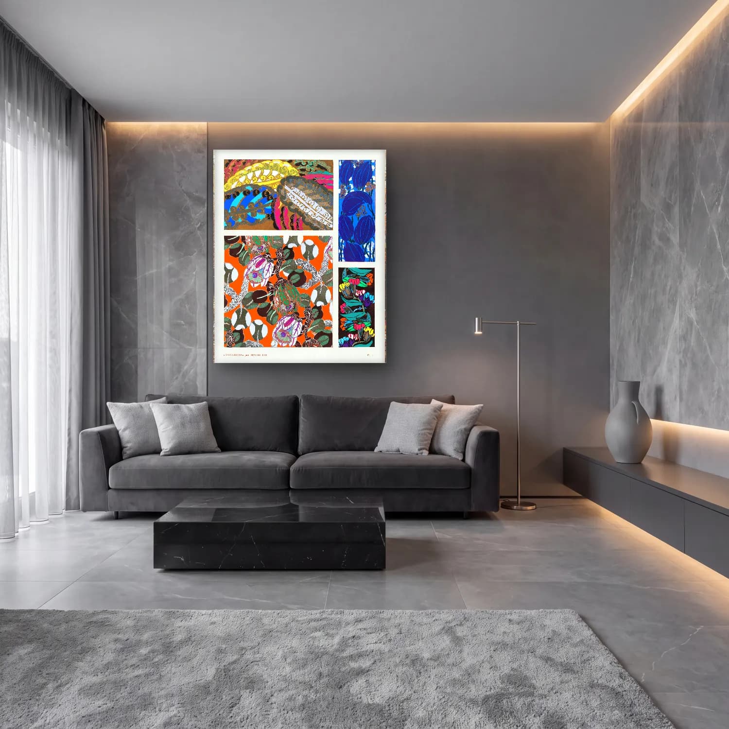 Maksimalist Çiçek Deseni No. 68 cam tablo — lüks salon duvarında