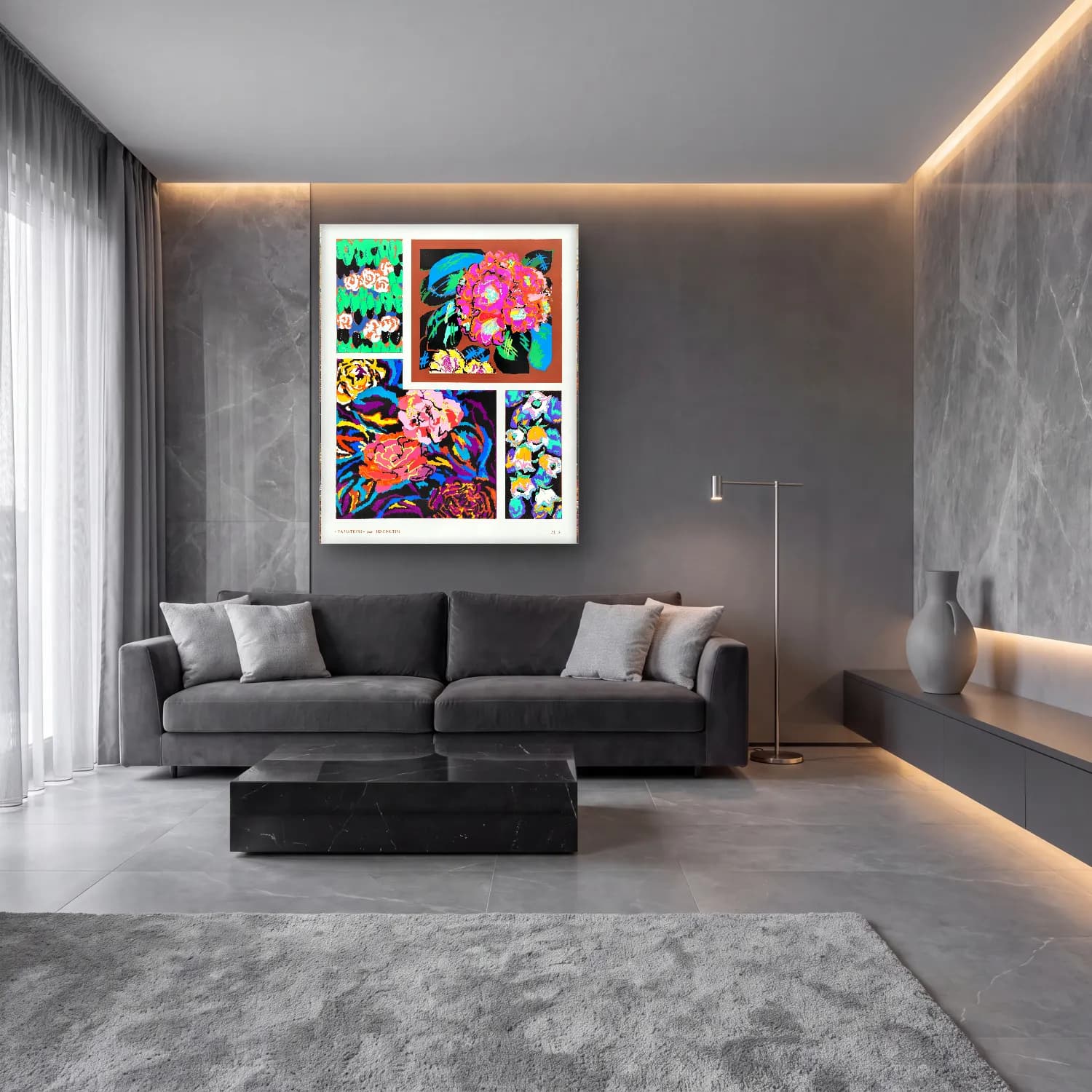 Maksimalist Çiçek Deseni No. 69 cam tablo — lüks salon duvarında