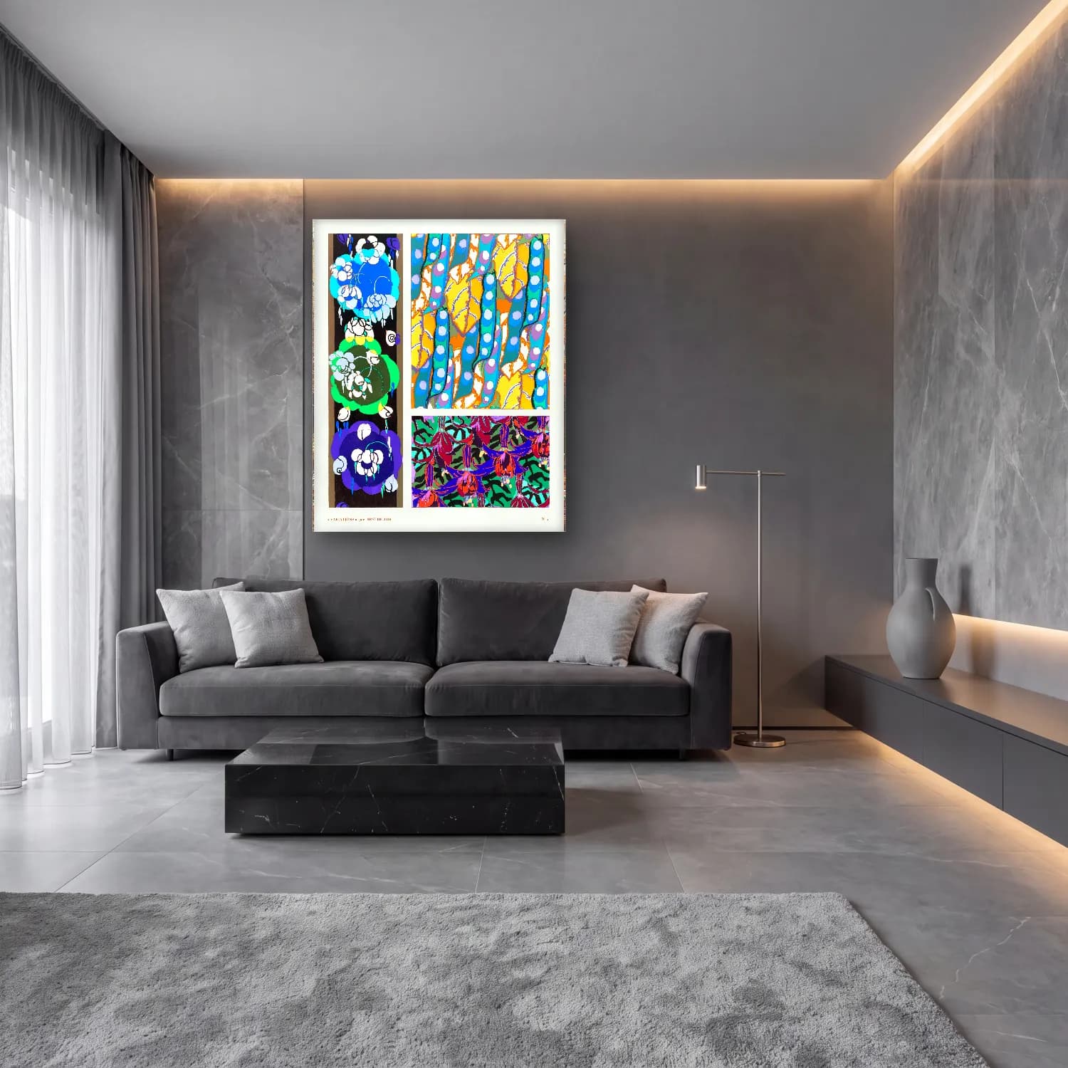 Maksimalist Çiçek Deseni No. 70 cam tablo — lüks salon duvarında