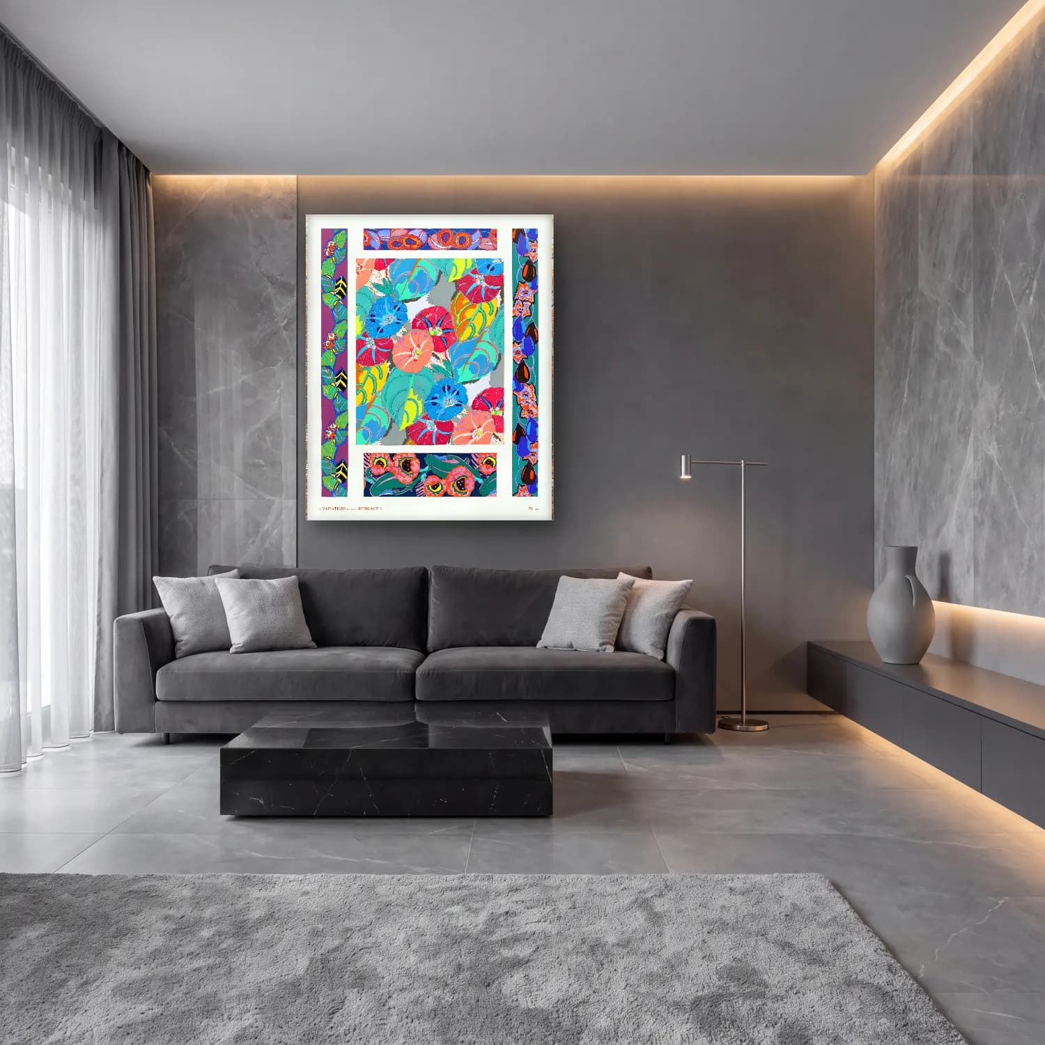 Maksimalist Çiçek Deseni No. 72 cam tablo — lüks salon duvarında
