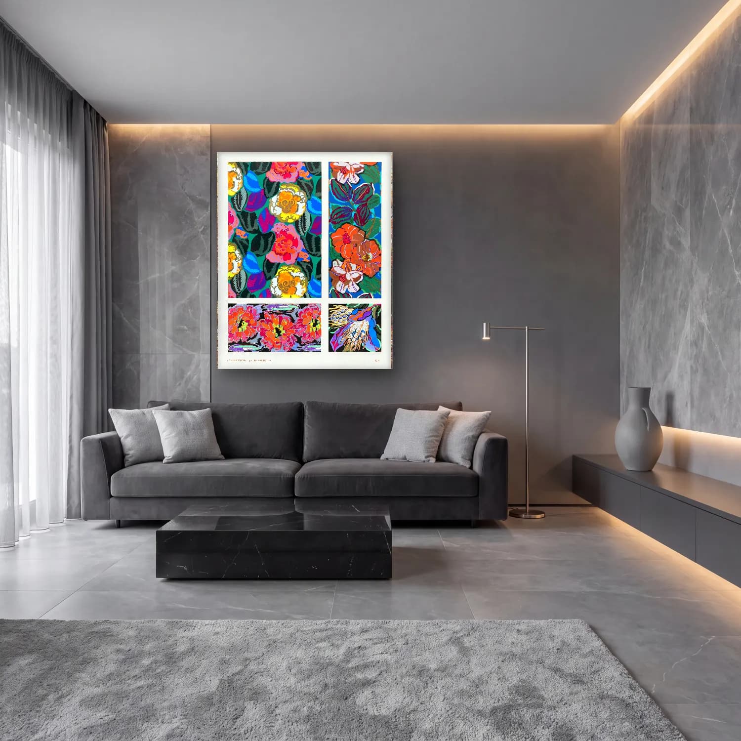 Maksimalist Çiçek Deseni No. 74 cam tablo — lüks salon duvarında