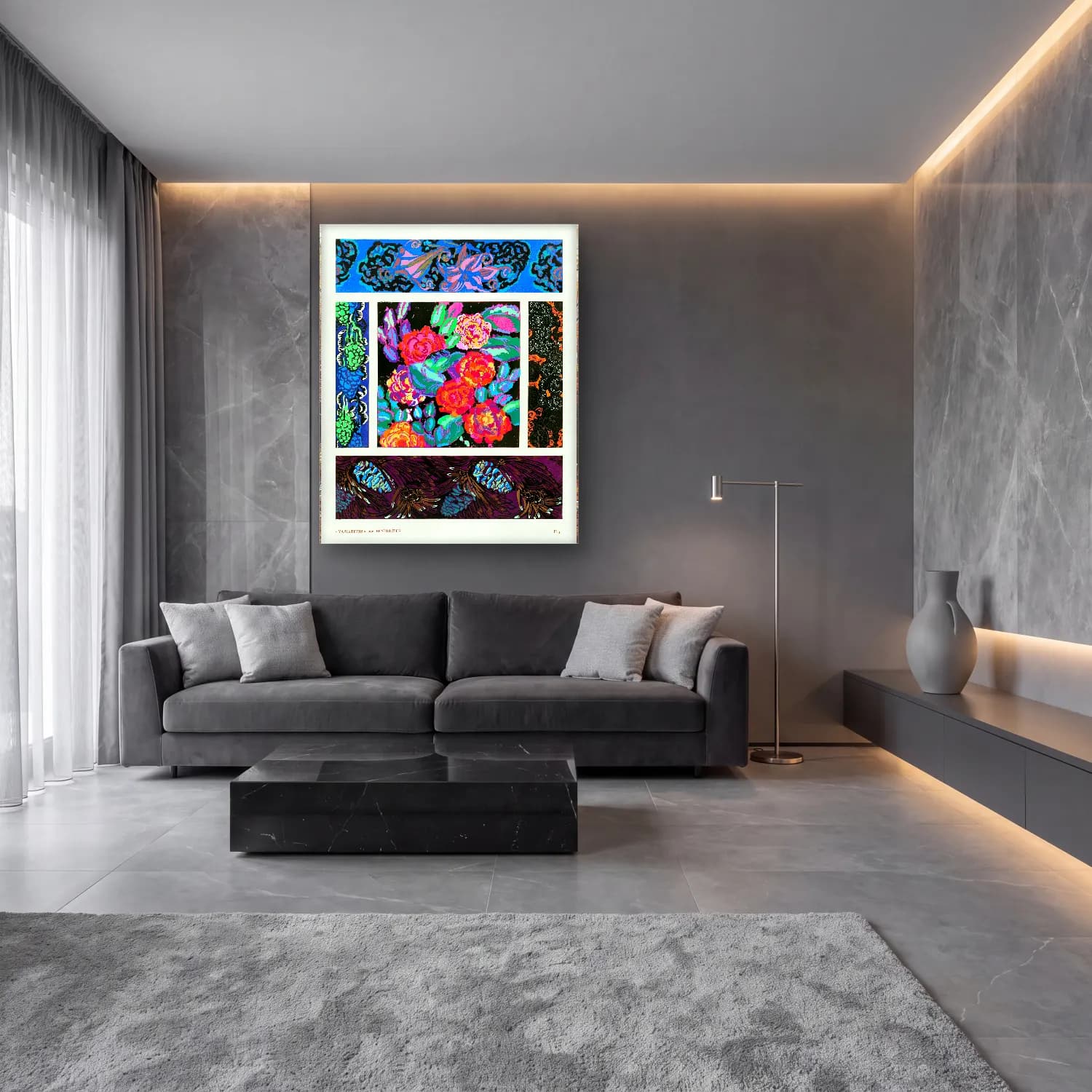 Maksimalist Çiçek Deseni No. 75 cam tablo — lüks salon duvarında