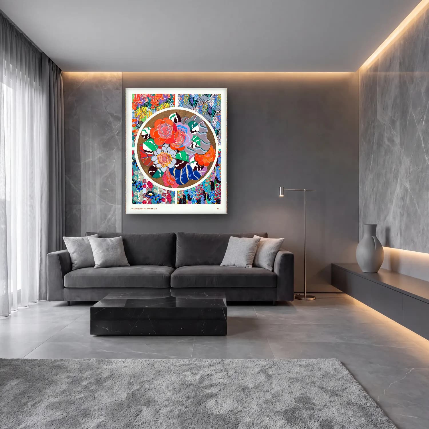Maksimalist Çiçek Deseni No. 76 cam tablo — lüks salon duvarında