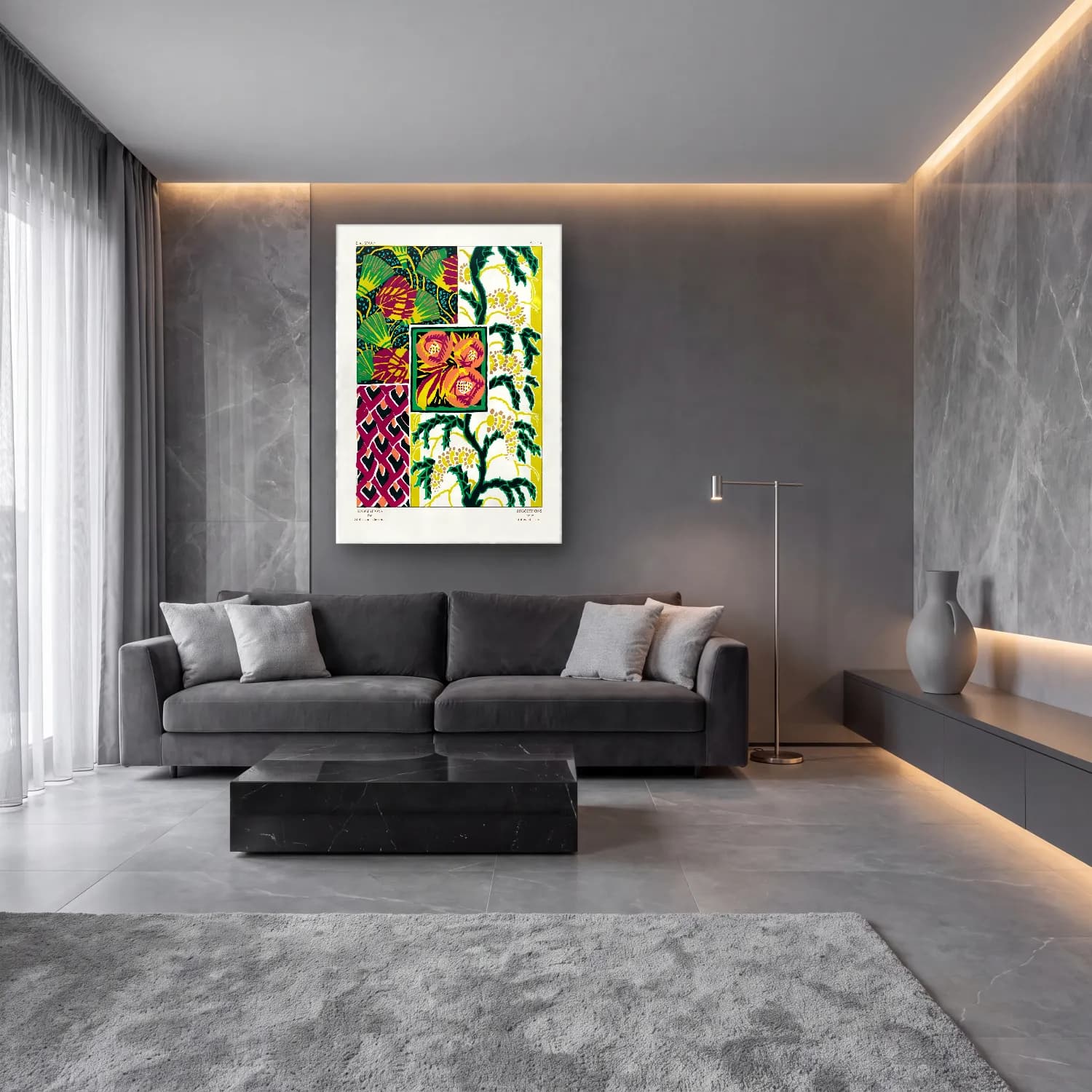 Maksimalist Çiçek Deseni No. 77 cam tablo — lüks salon duvarında