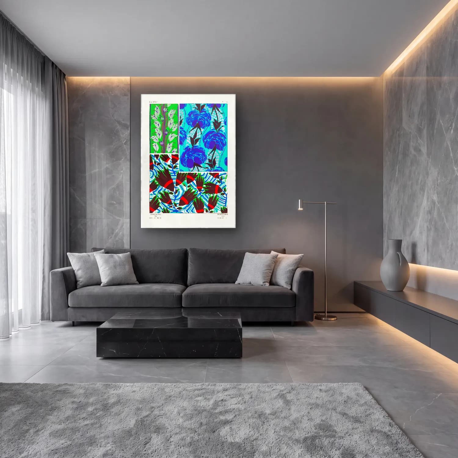 Maksimalist Çiçek Deseni No. 82 cam tablo — lüks salon duvarında
