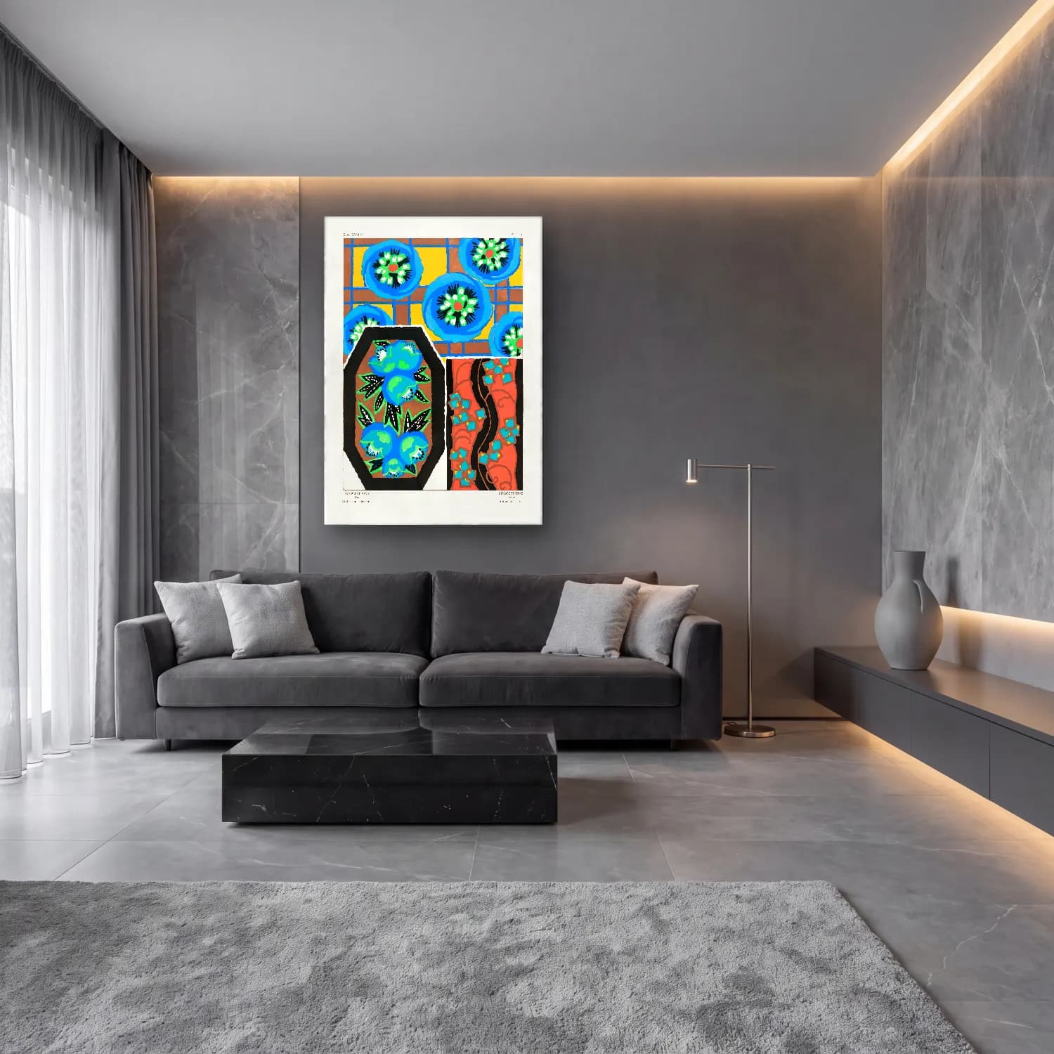 Boho Çiçek Deseni No. 134 cam tablo — lüks salon duvarında