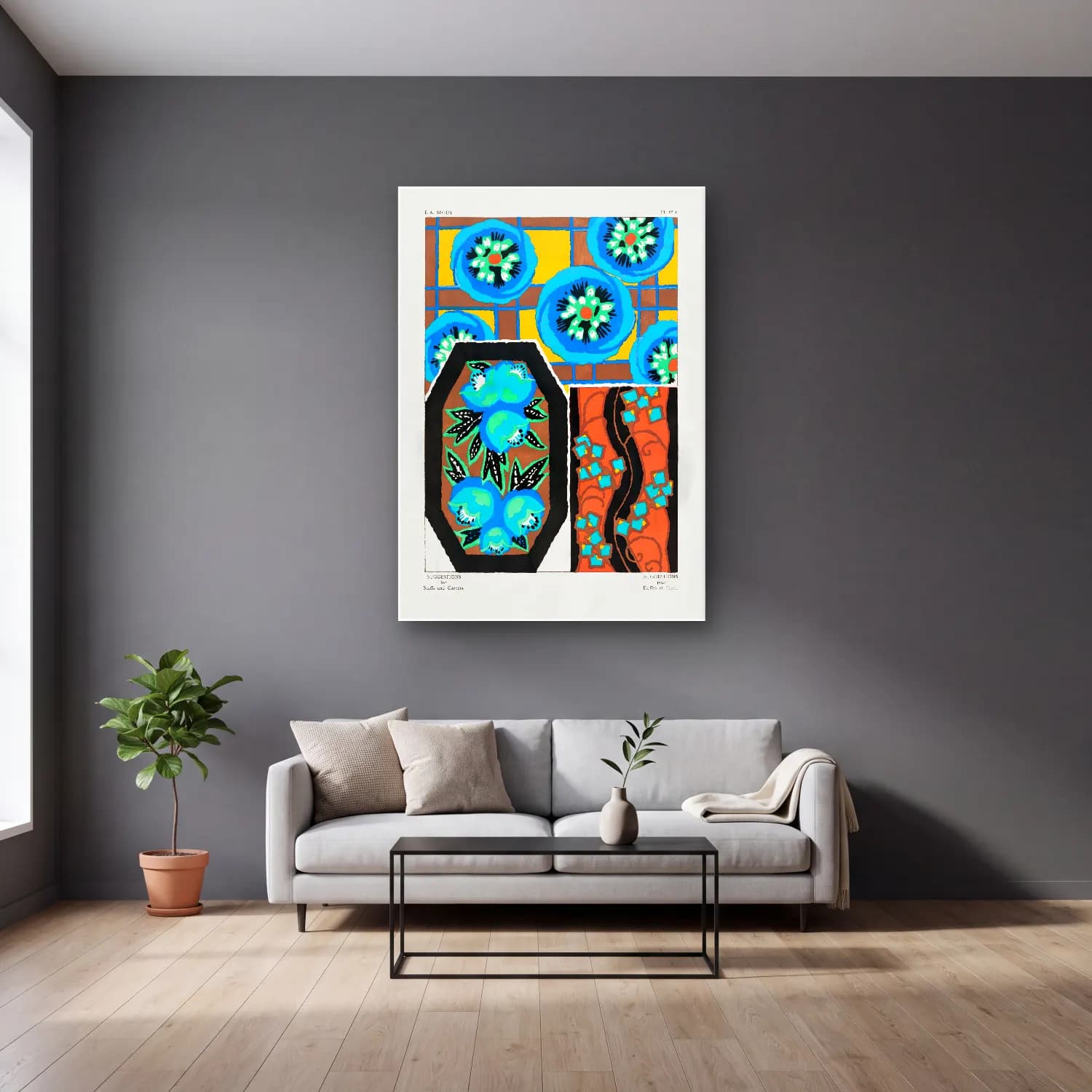 Boho Çiçek Deseni No. 134 cam tablo — gri duvarlı salonda
