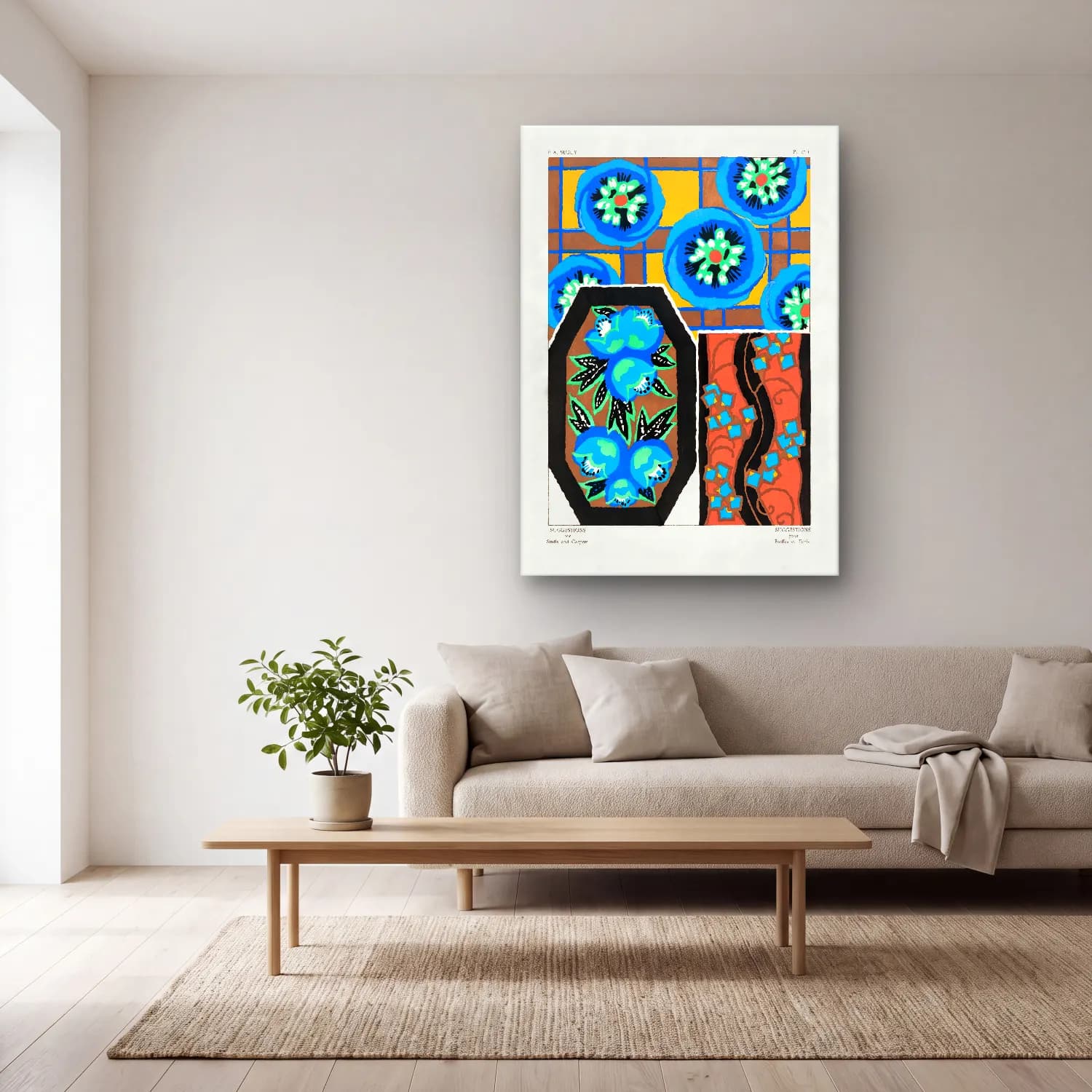 Boho Çiçek Deseni No. 134 cam tablo — açık renk salonda