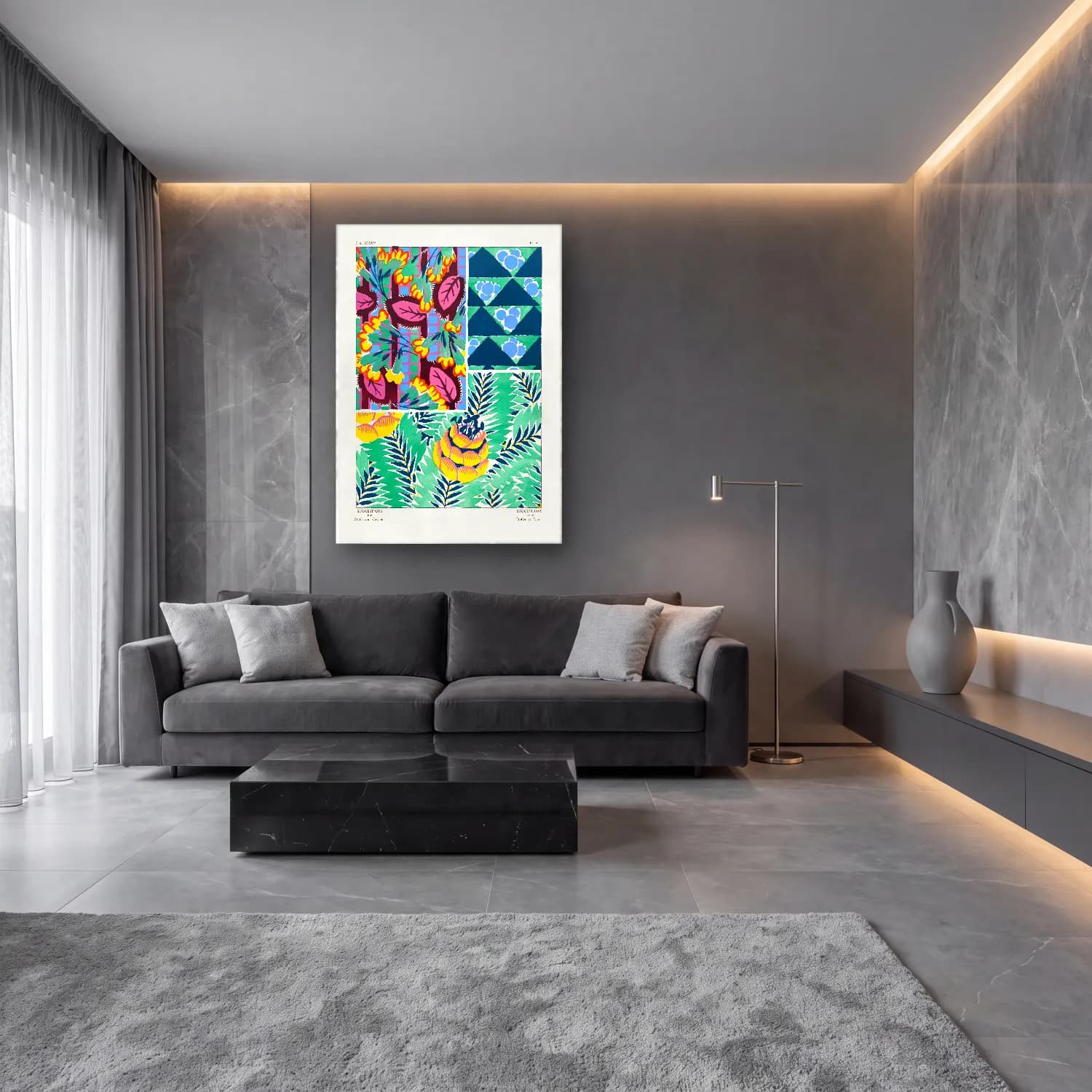 Maksimalist Çiçek Deseni No. 84 cam tablo — lüks salon duvarında