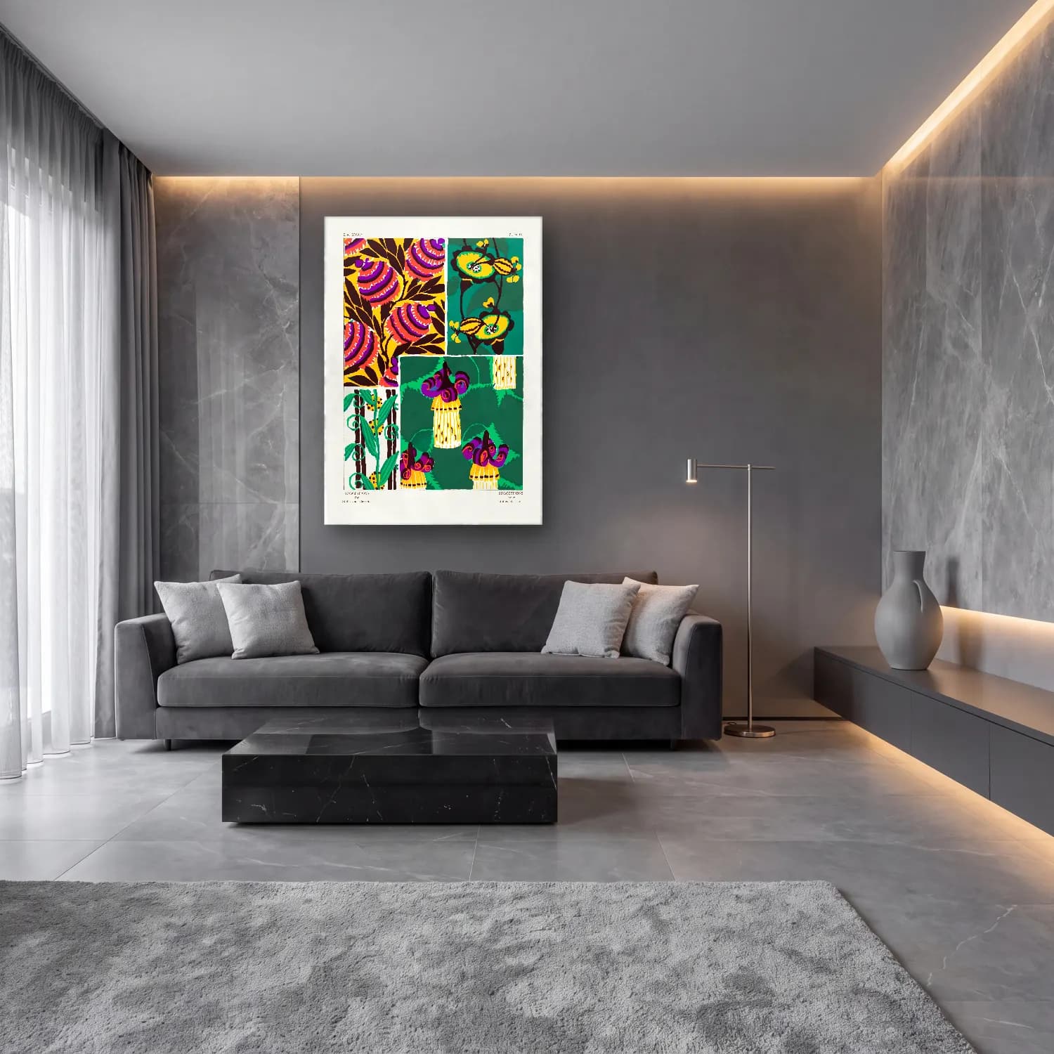 Maksimalist Çiçek Deseni No. 85 cam tablo — lüks salon duvarında
