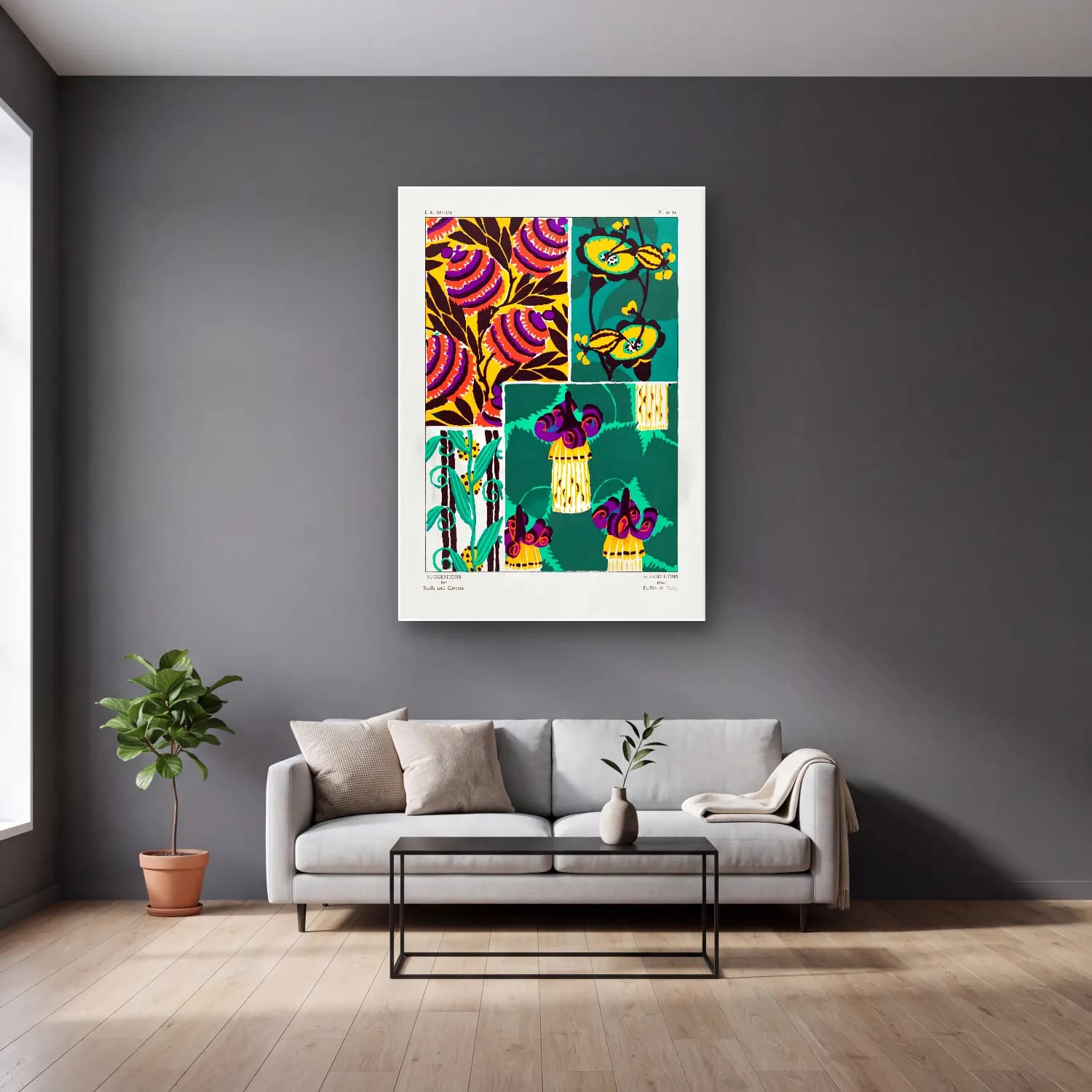 Maksimalist Çiçek Deseni No. 85 cam tablo — gri duvarlı salonda
