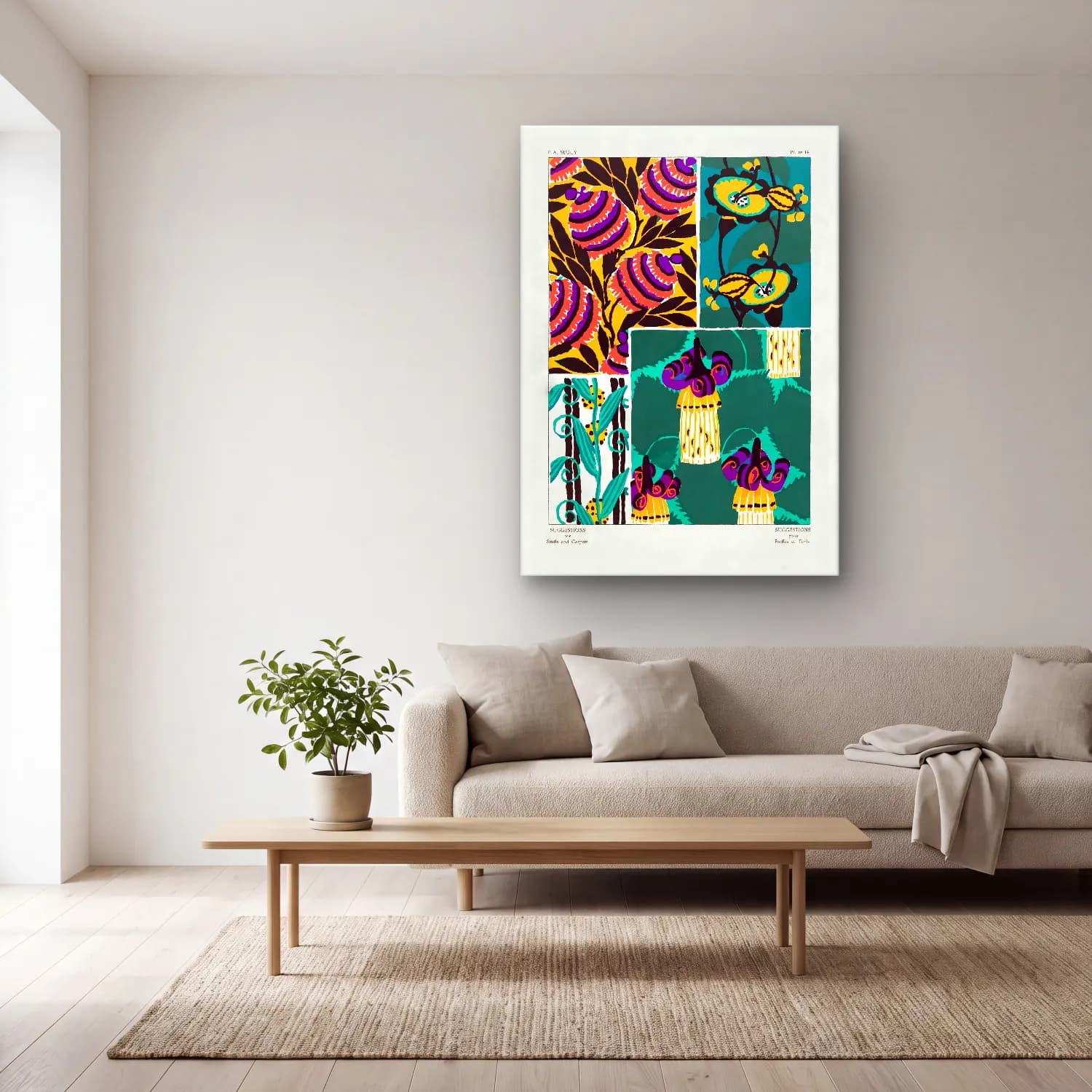 Maksimalist Çiçek Deseni No. 85 cam tablo — açık renk salonda