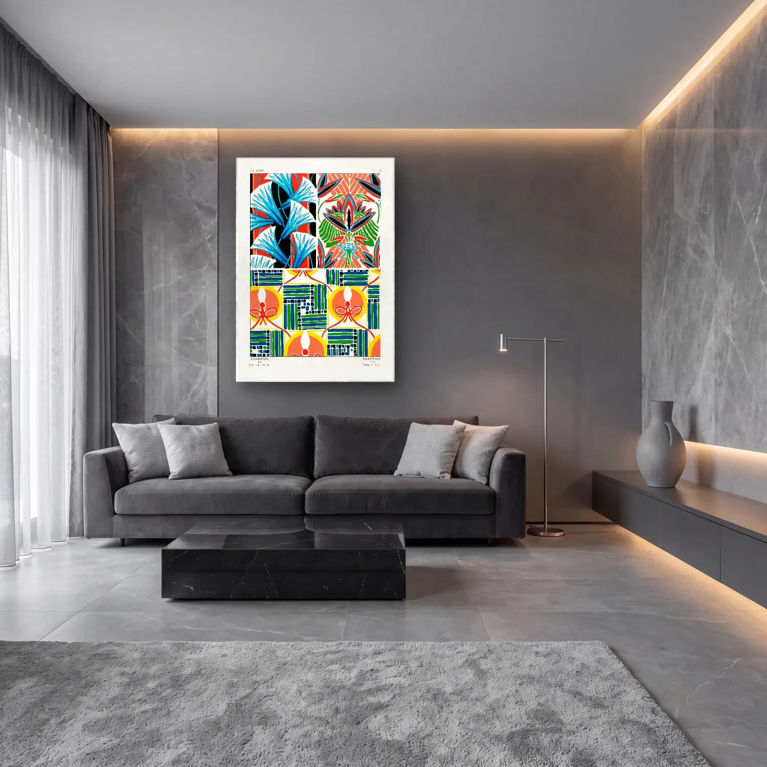 Maksimalist Çiçek Deseni No. 87 cam tablo — lüks salon duvarında