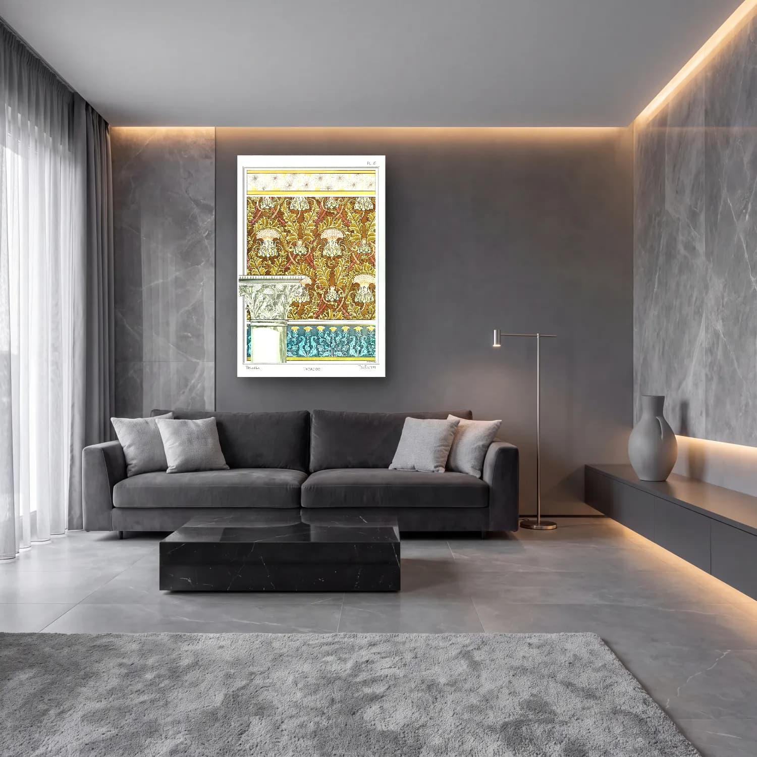 Vintage Çiçek Deseni No. 7 cam tablo — lüks salon duvarında