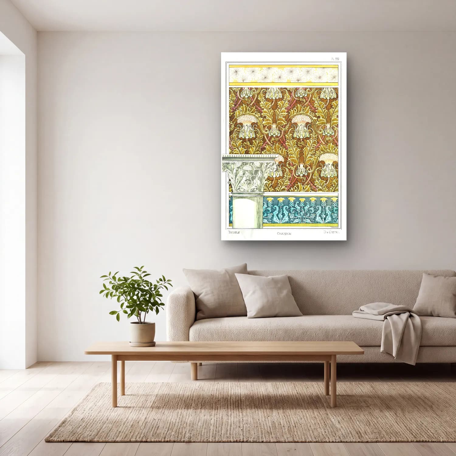 Vintage Çiçek Deseni No. 7 cam tablo — açık renk salonda