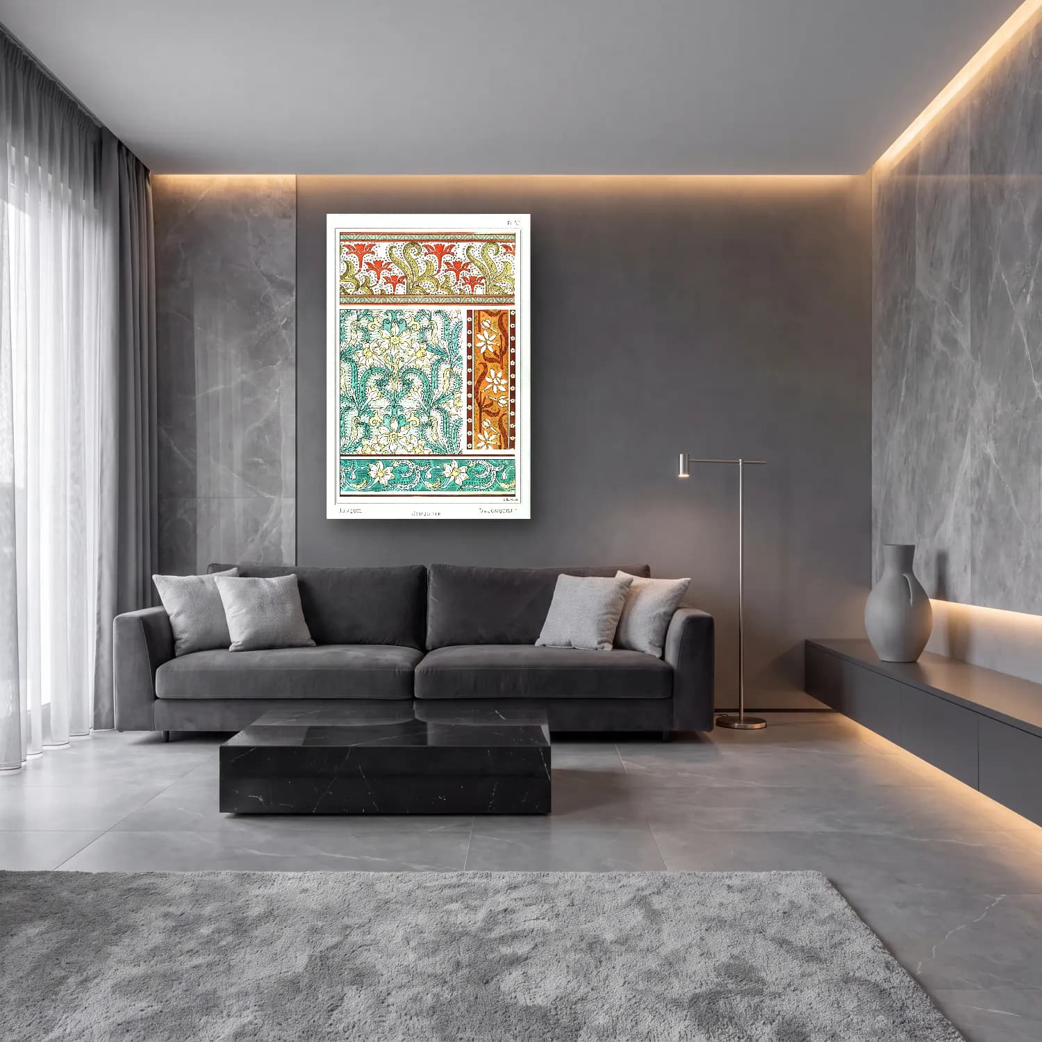 Maksimalist Çiçek Deseni No. 89 cam tablo — lüks salon duvarında
