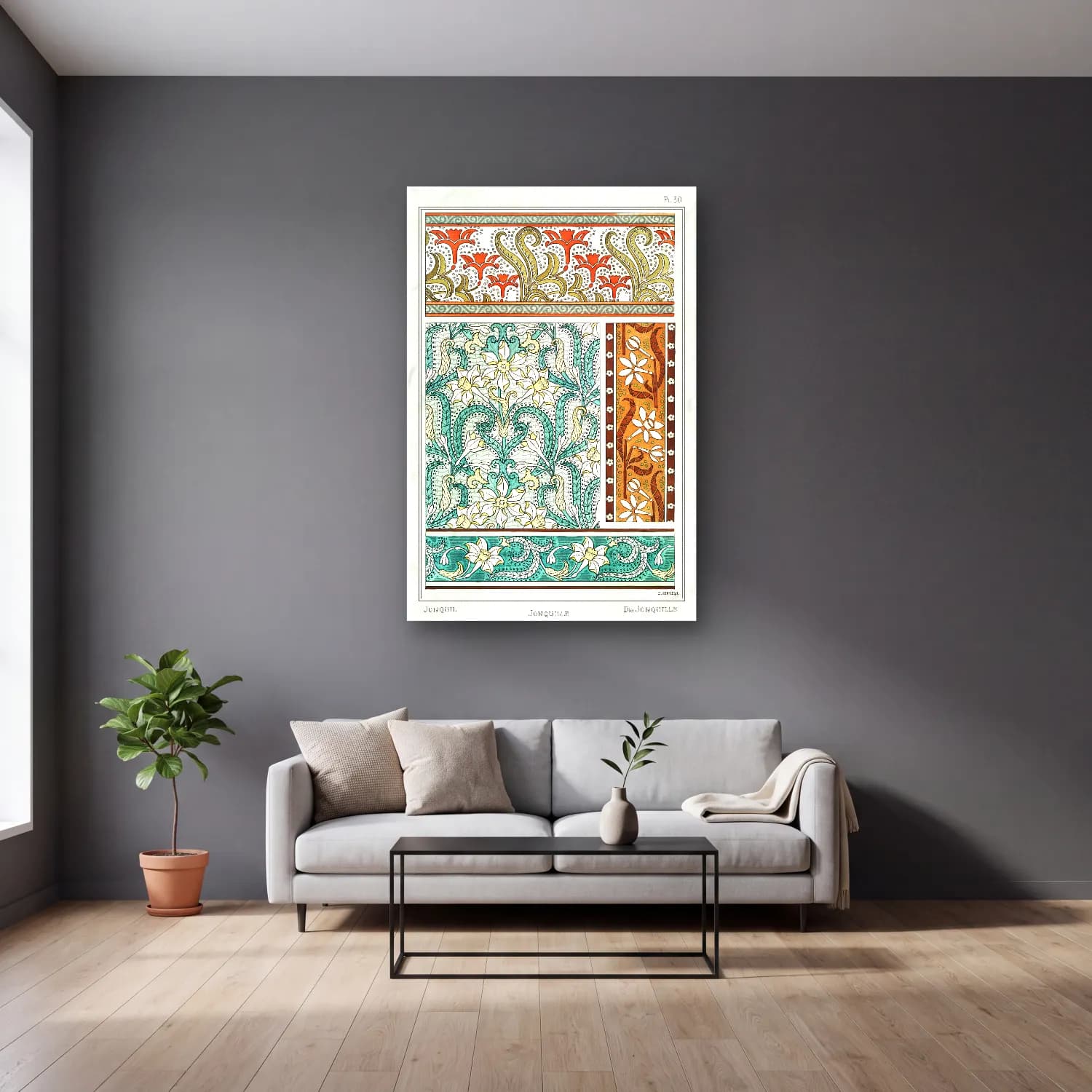 Maksimalist Çiçek Deseni No. 89 cam tablo — gri duvarlı salonda