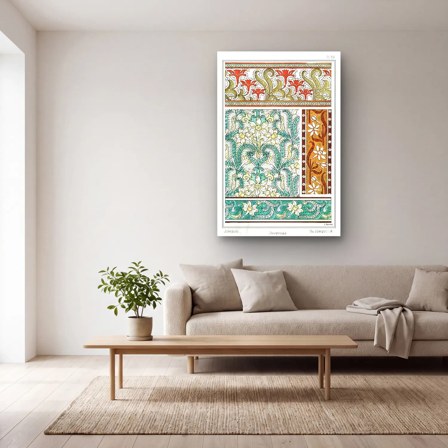 Maksimalist Çiçek Deseni No. 89 cam tablo — açık renk salonda