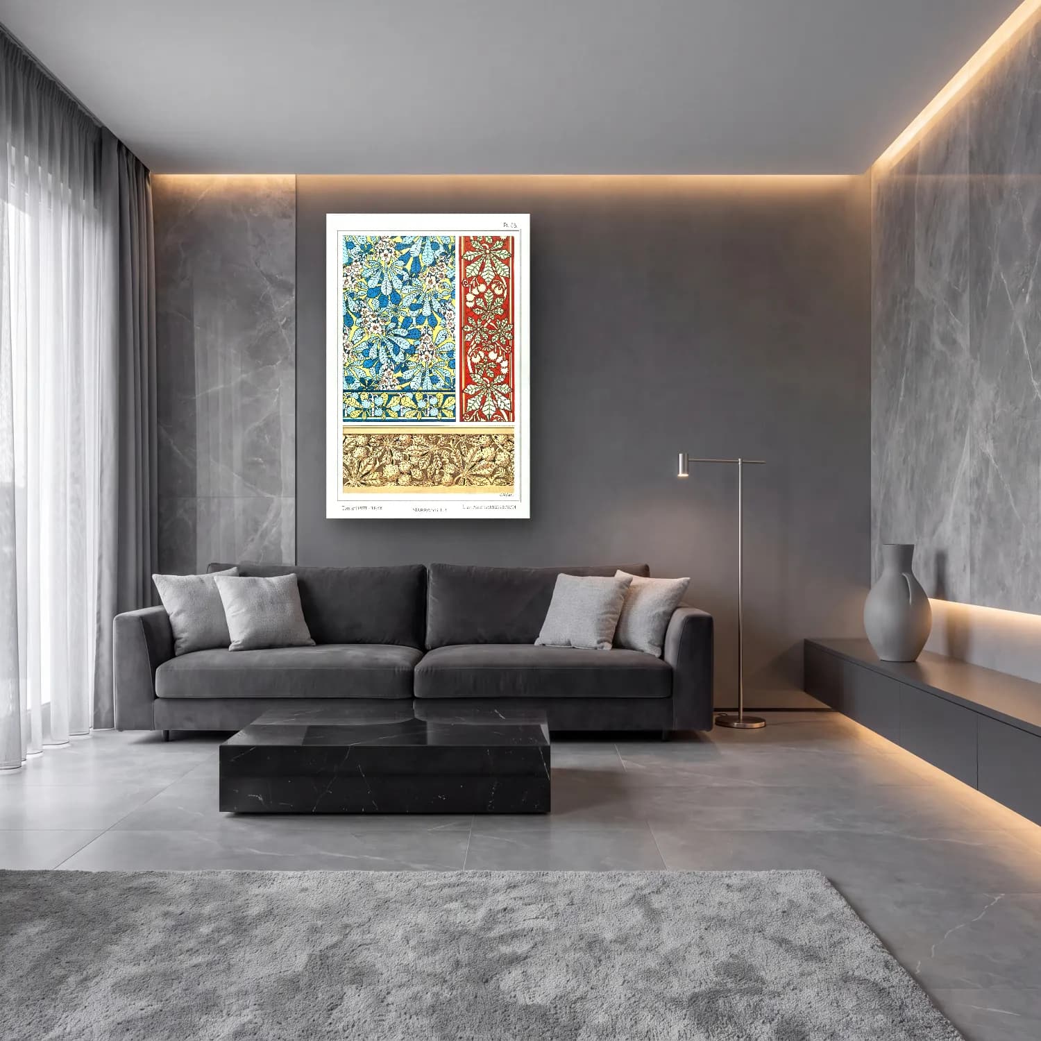 Maksimalist Çiçek Deseni No. 90 cam tablo — lüks salon duvarında