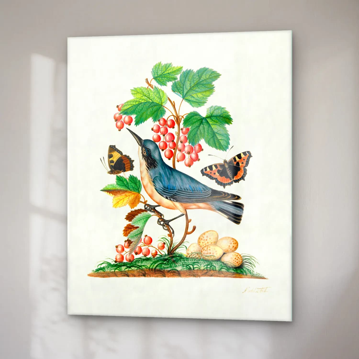 Botanik İllüstrasyon Daldaki Kuş No. 7 cam tablo — sağ açıdan görünüm