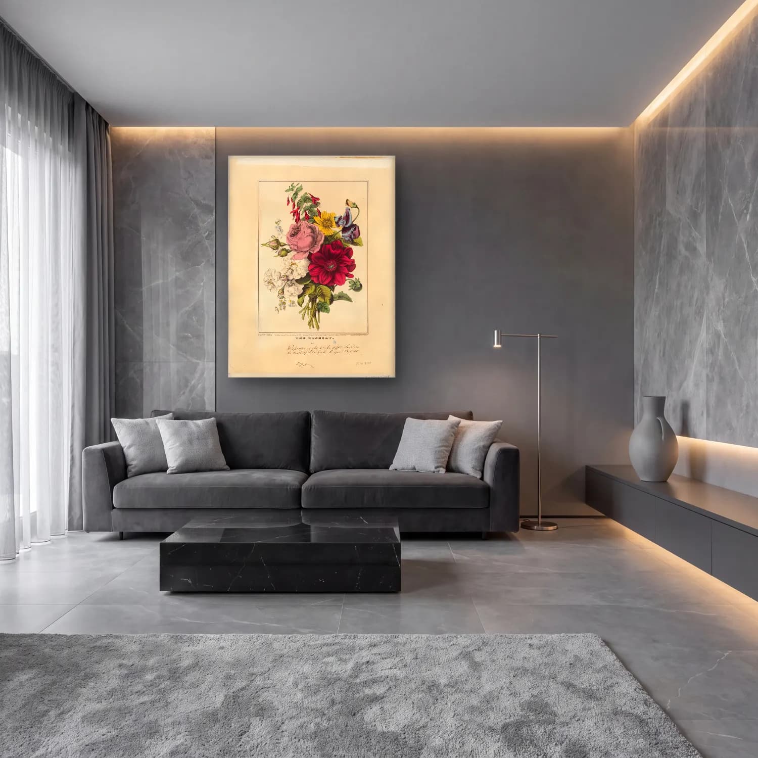 Botanik İllüstrasyon Vazoda Çiçek Buketi No. 33 cam tablo — lüks salon duvarında