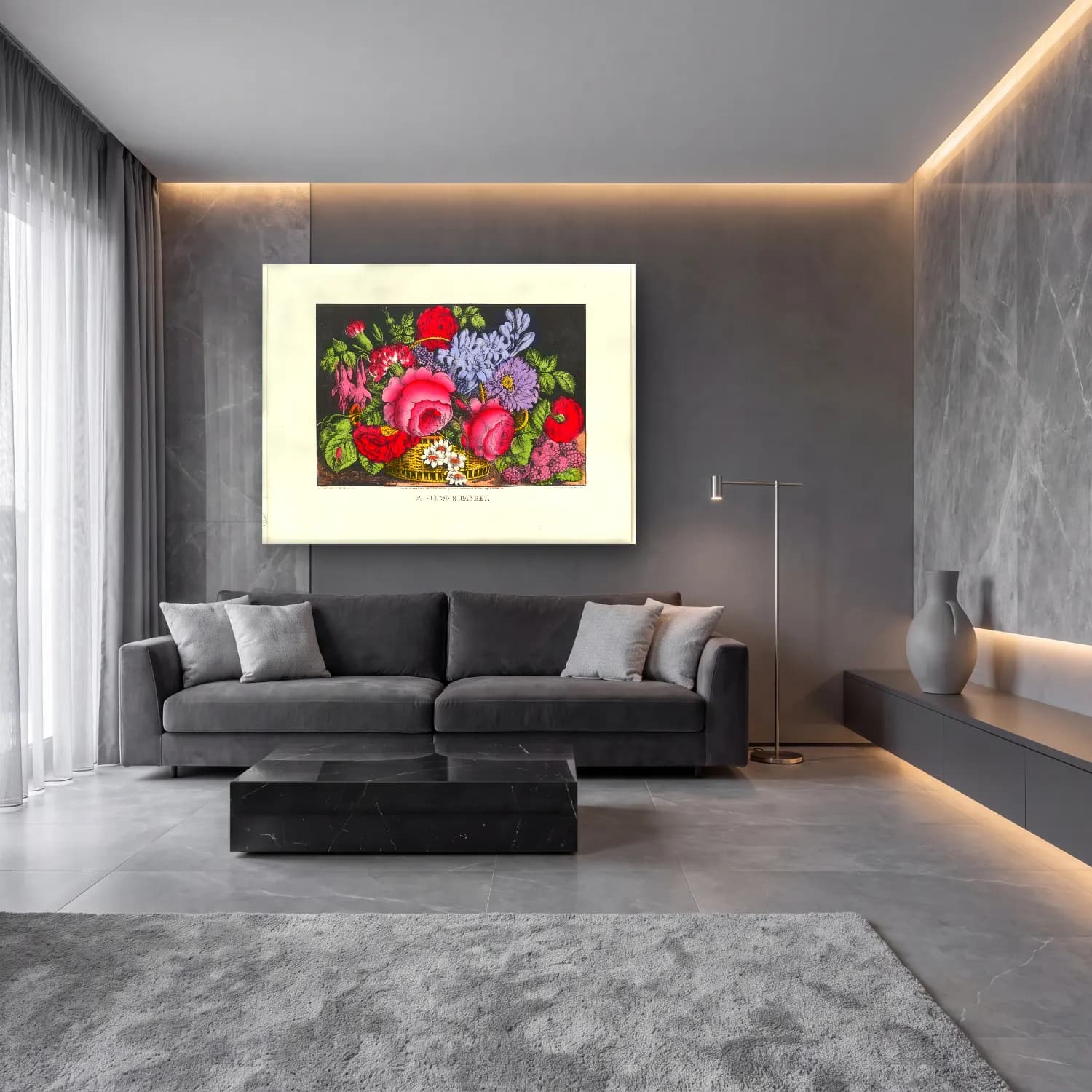 Botanik İllüstrasyon Çiçek Pazarı – Pembe Tonlar cam tablo — lüks salon duvarında