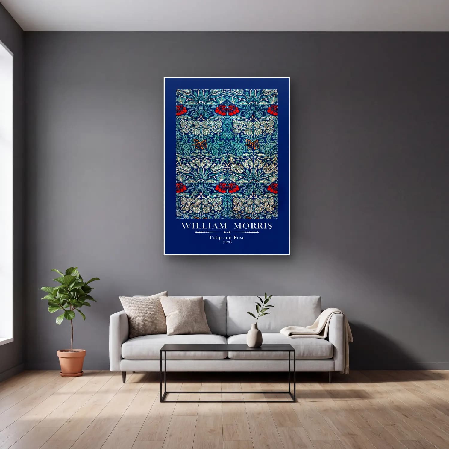 Vintage Poster Çiçek Deseni cam tablo — gri duvarlı salonda