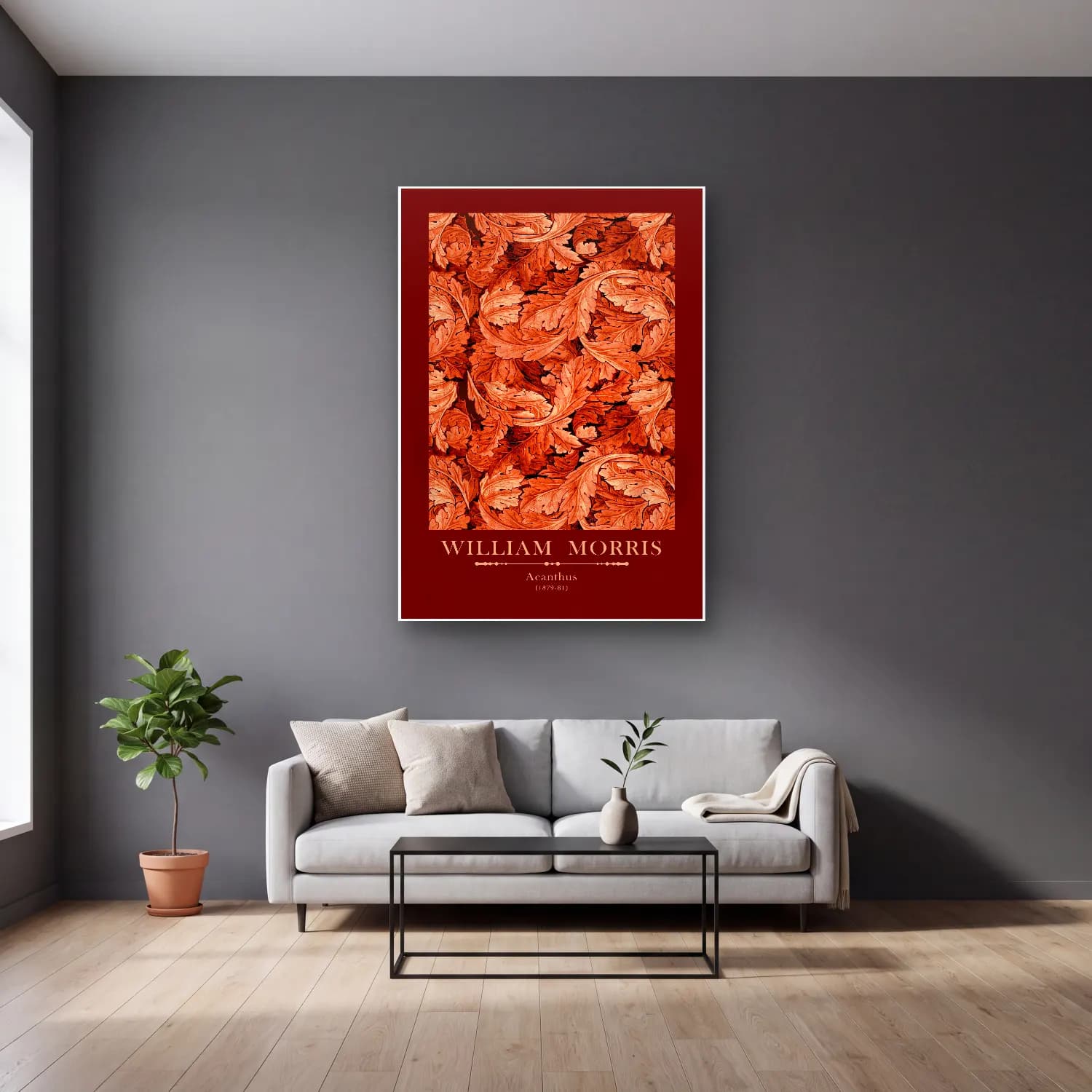 Vintage Poster Çiçek Deseni – Kırmızı Tonlar cam tablo — gri duvarlı salonda