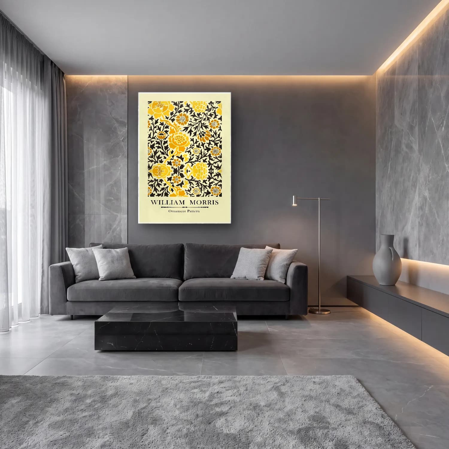 Vintage Poster Çiçek Deseni – Sarı Tonlar cam tablo — lüks salon duvarında