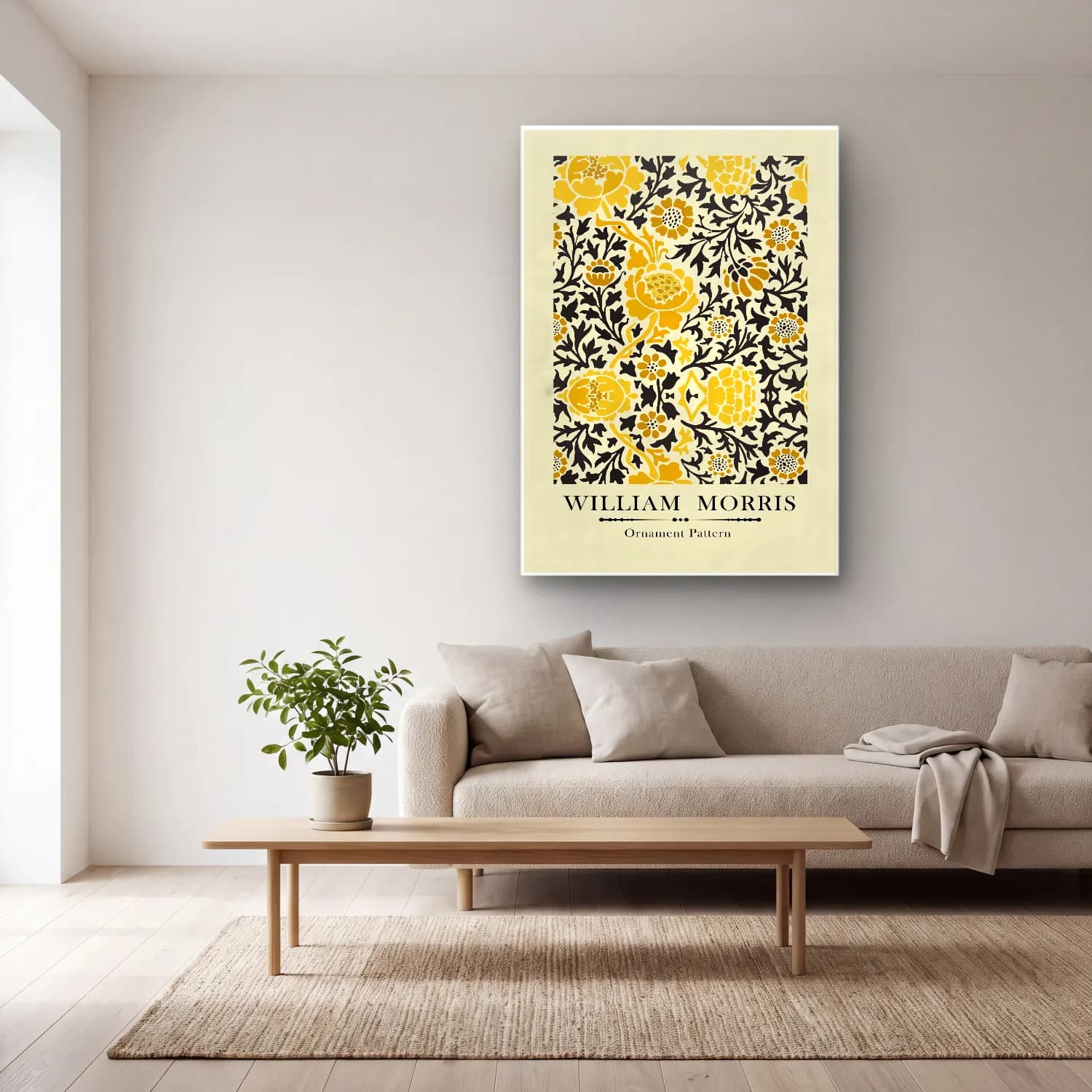 Vintage Poster Çiçek Deseni – Sarı Tonlar cam tablo — açık renk salonda