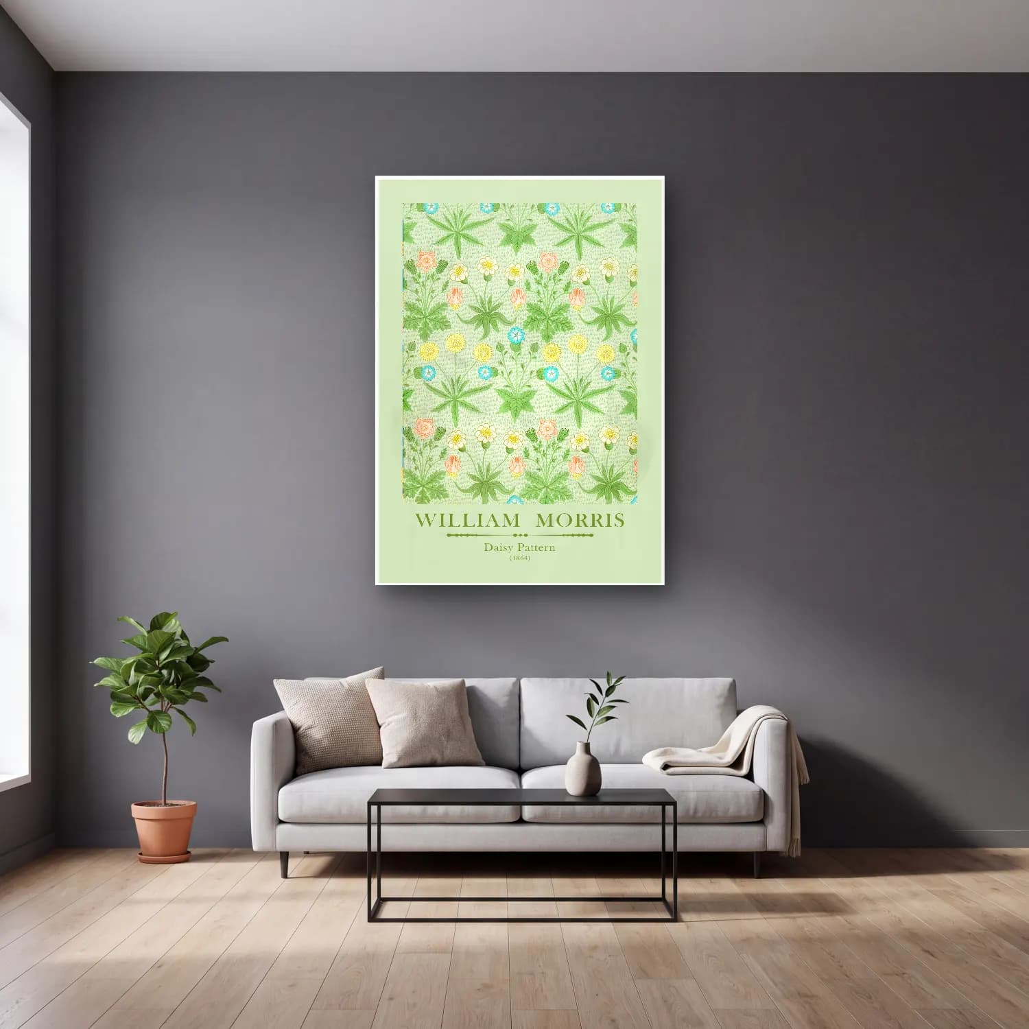 Pastel Çiçek Deseni No. 88 cam tablo — gri duvarlı salonda