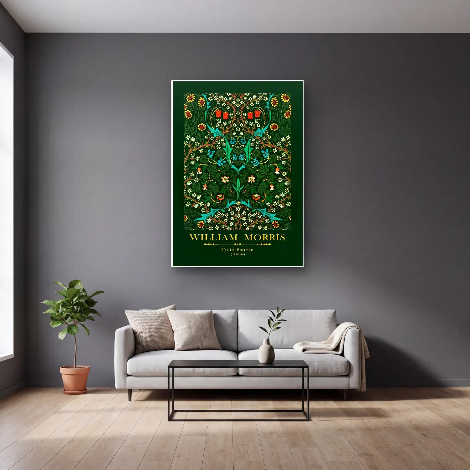 Vintage Poster Çiçek Deseni – Yeşil Tonlar cam tablo — gri duvarlı salonda