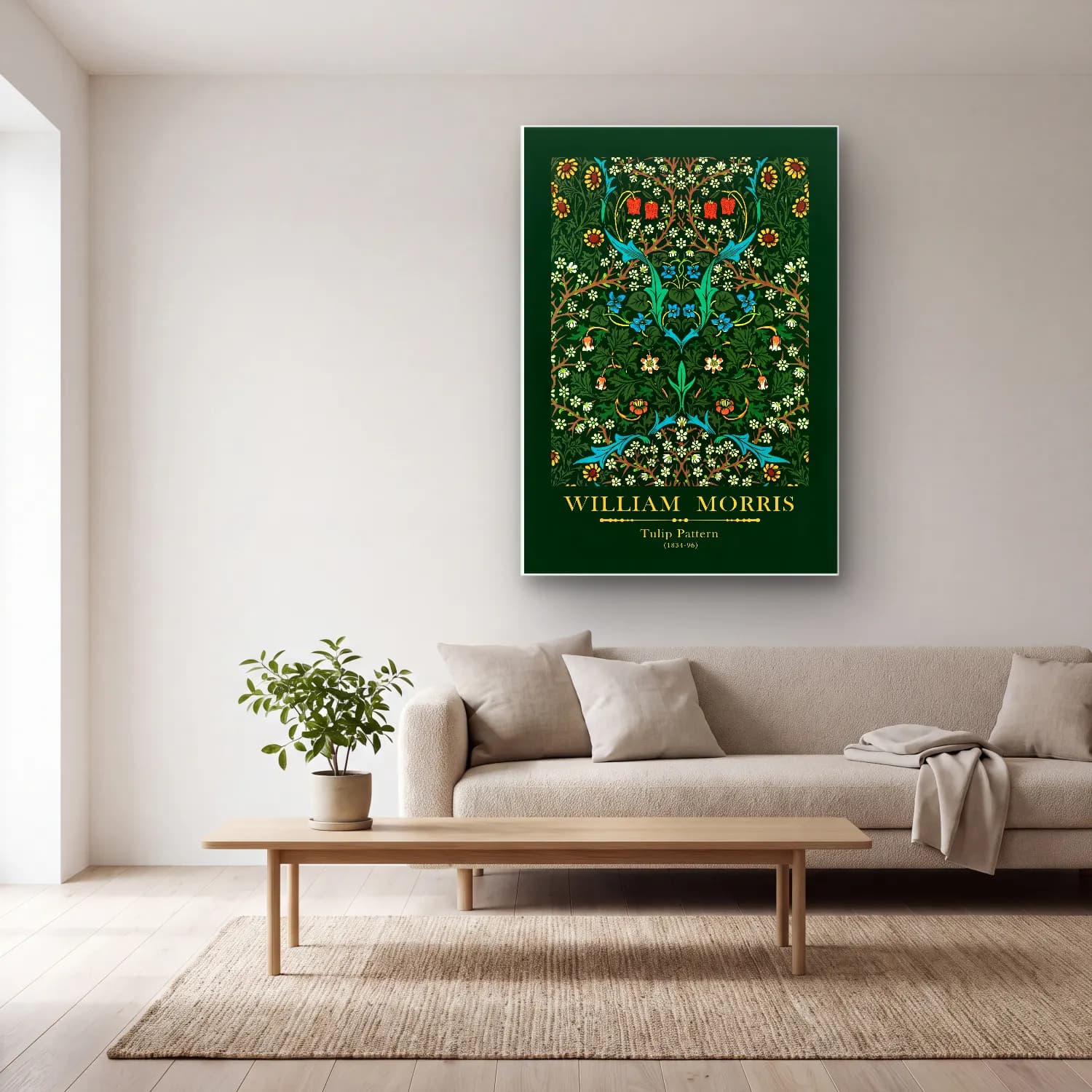 Vintage Poster Çiçek Deseni – Yeşil Tonlar cam tablo — açık renk salonda