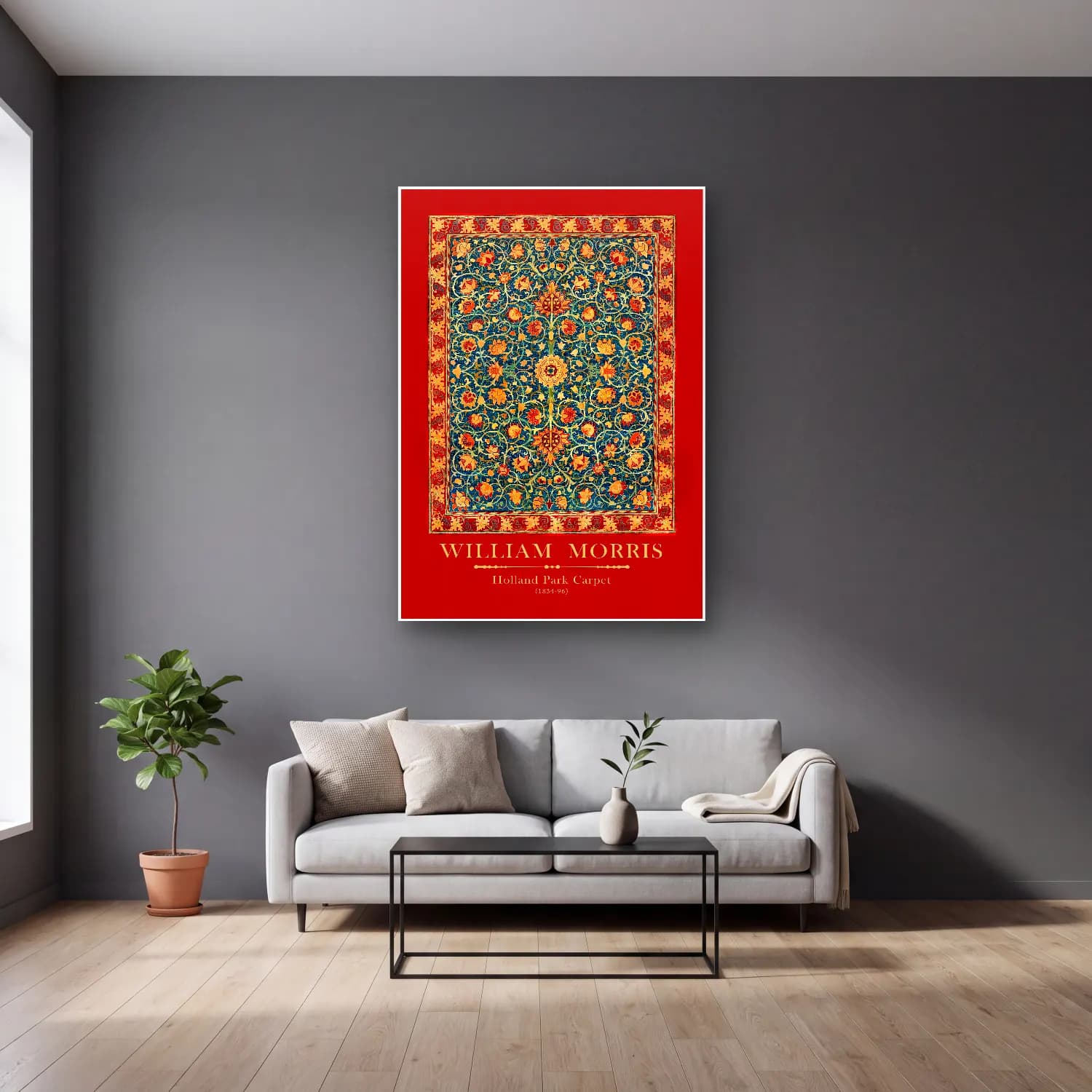 Vintage Poster Çiçek Deseni No. 8 cam tablo — gri duvarlı salonda