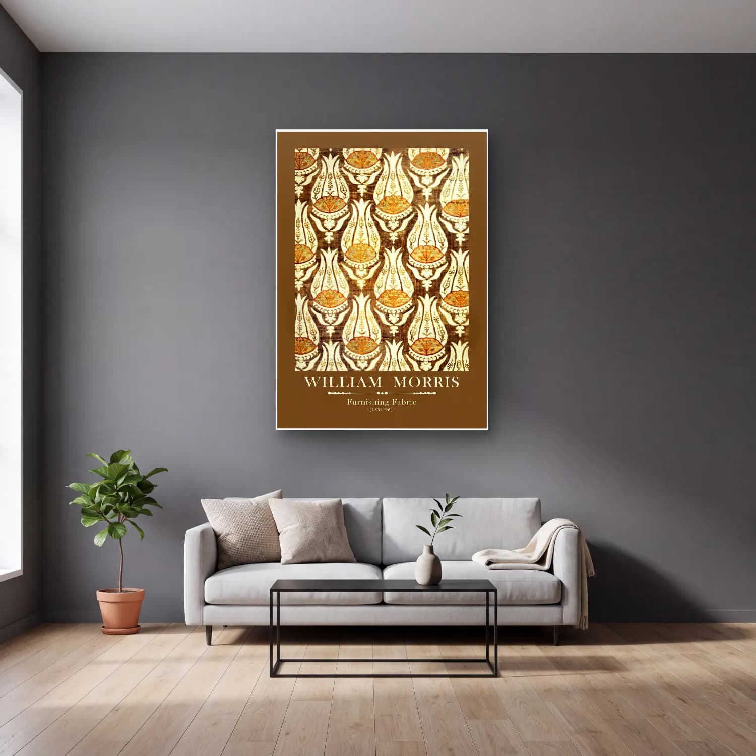 Vintage Poster Çiçek Deseni – Bej Tonlar cam tablo — gri duvarlı salonda