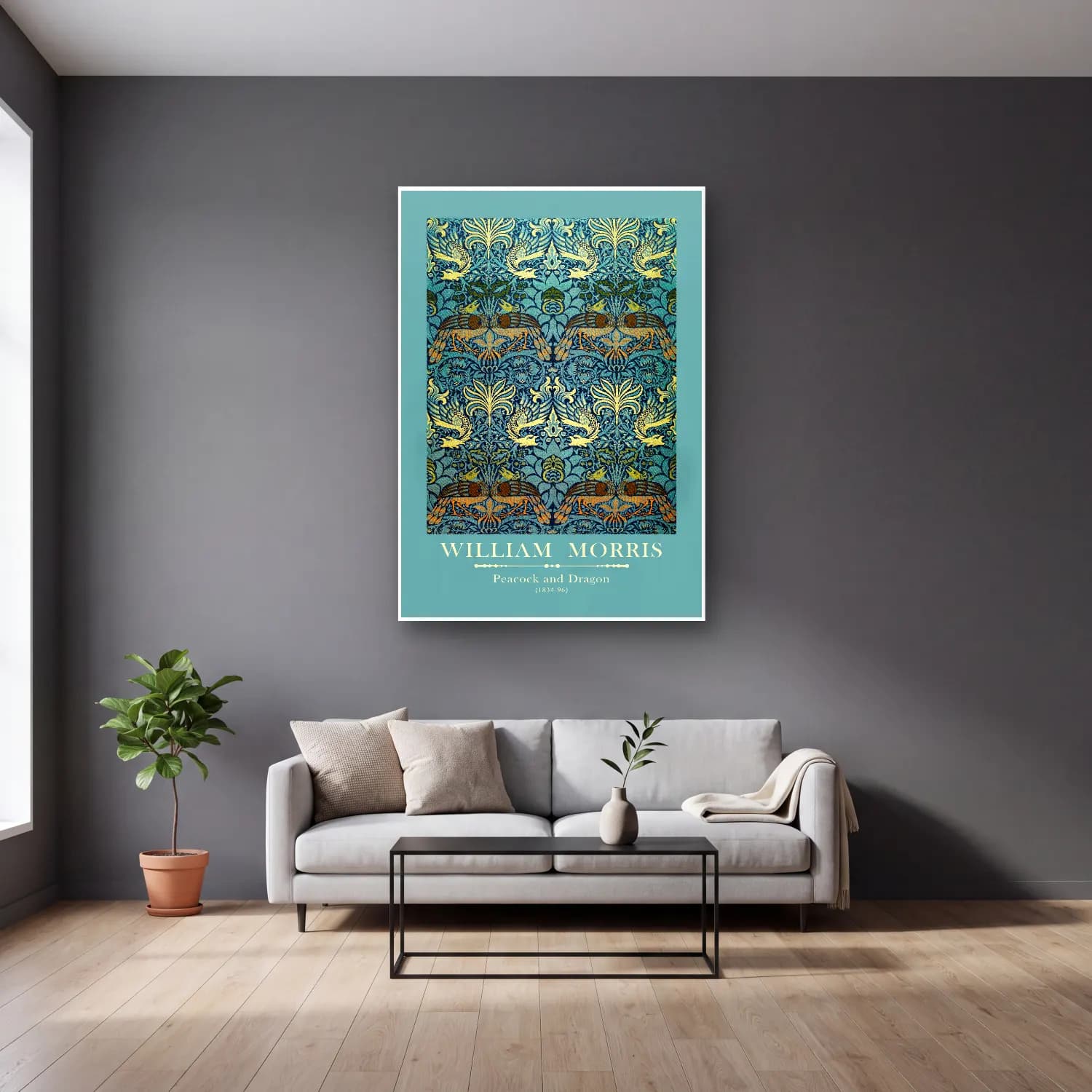Vintage Poster Çiçek Deseni – Turkuaz Tonlar cam tablo — gri duvarlı salonda