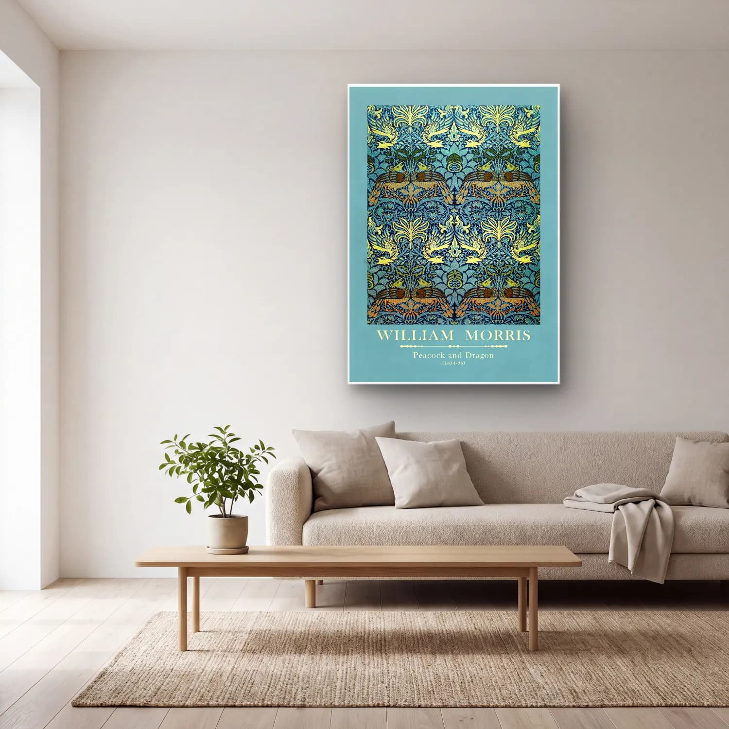 Vintage Poster Çiçek Deseni – Turkuaz Tonlar cam tablo — açık renk salonda
