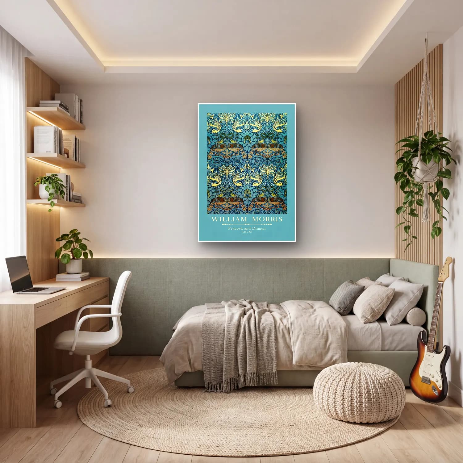 Vintage Poster Çiçek Deseni – Turkuaz Tonlar cam tablo — genç odasında