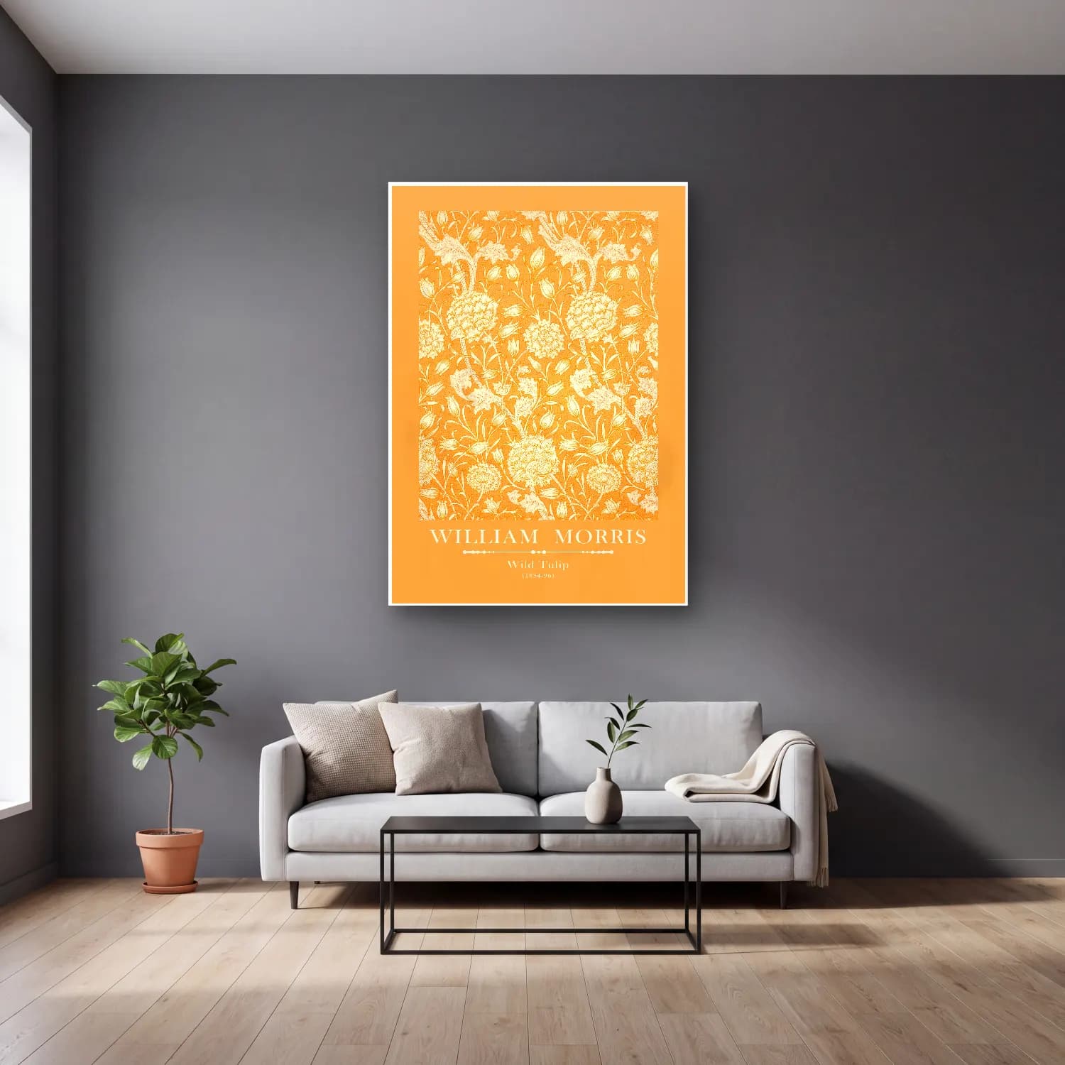 Pastel Çiçek Deseni No. 89 cam tablo — gri duvarlı salonda