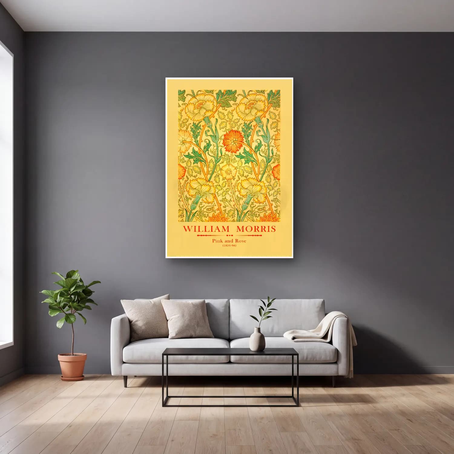 Vintage Poster Çiçek Deseni No. 11 cam tablo — gri duvarlı salonda