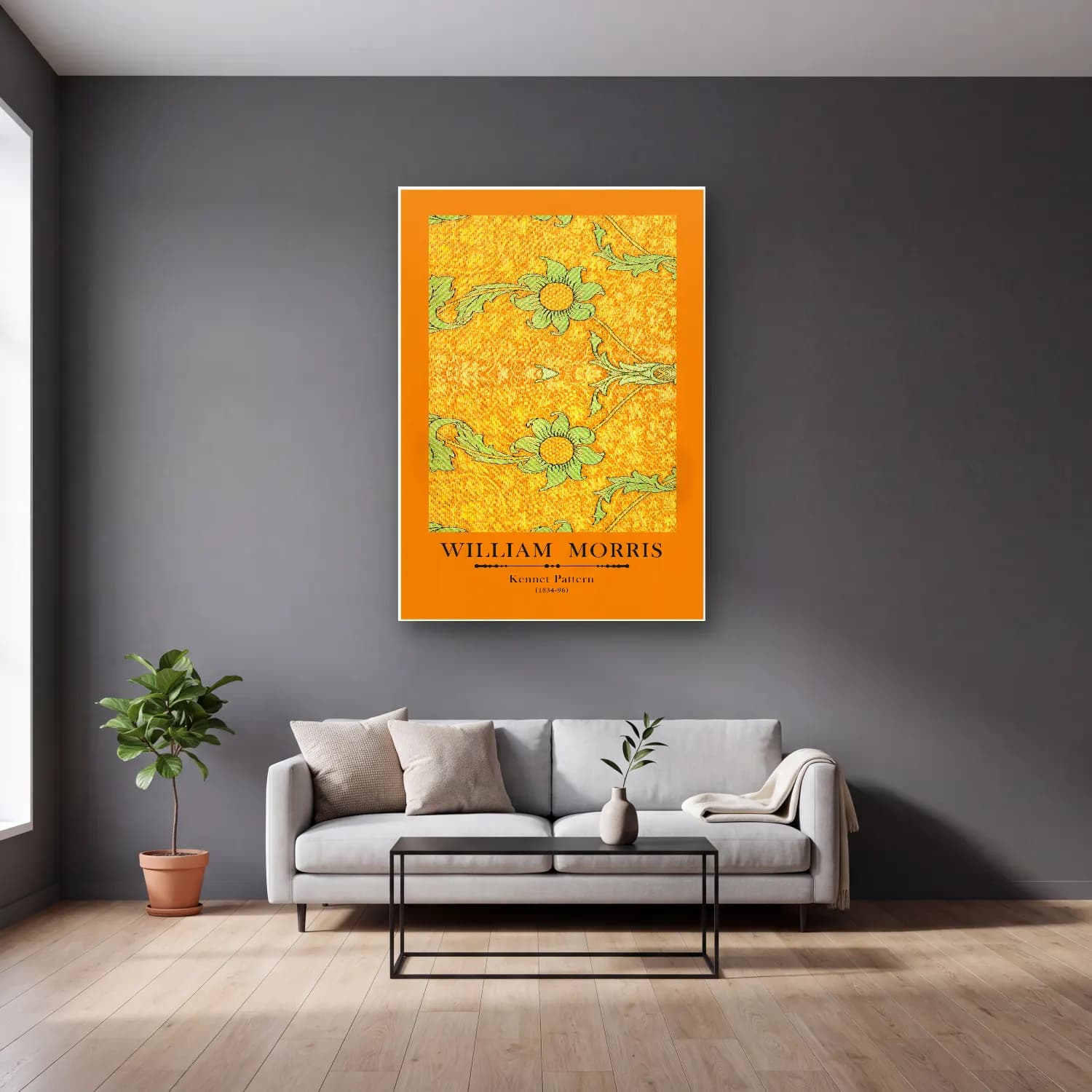 Vintage Poster Çiçek Deseni No. 12 cam tablo — gri duvarlı salonda