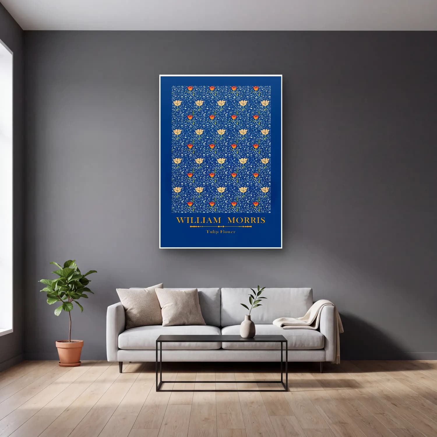 Vintage Poster Çiçek Deseni – Mavi Tonlar cam tablo — gri duvarlı salonda