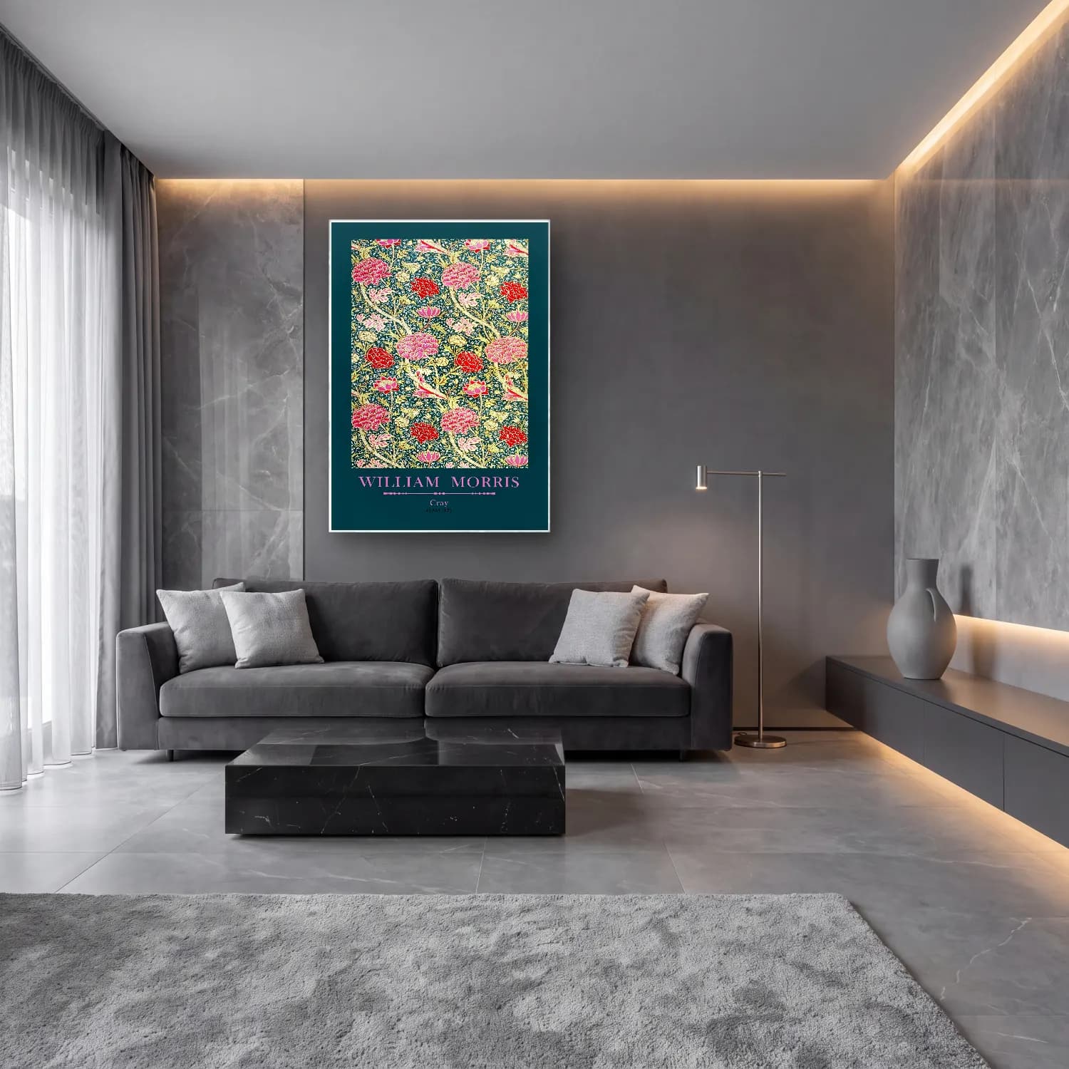 Vintage Poster Çiçek Deseni – Pembe Tonlar cam tablo — lüks salon duvarında