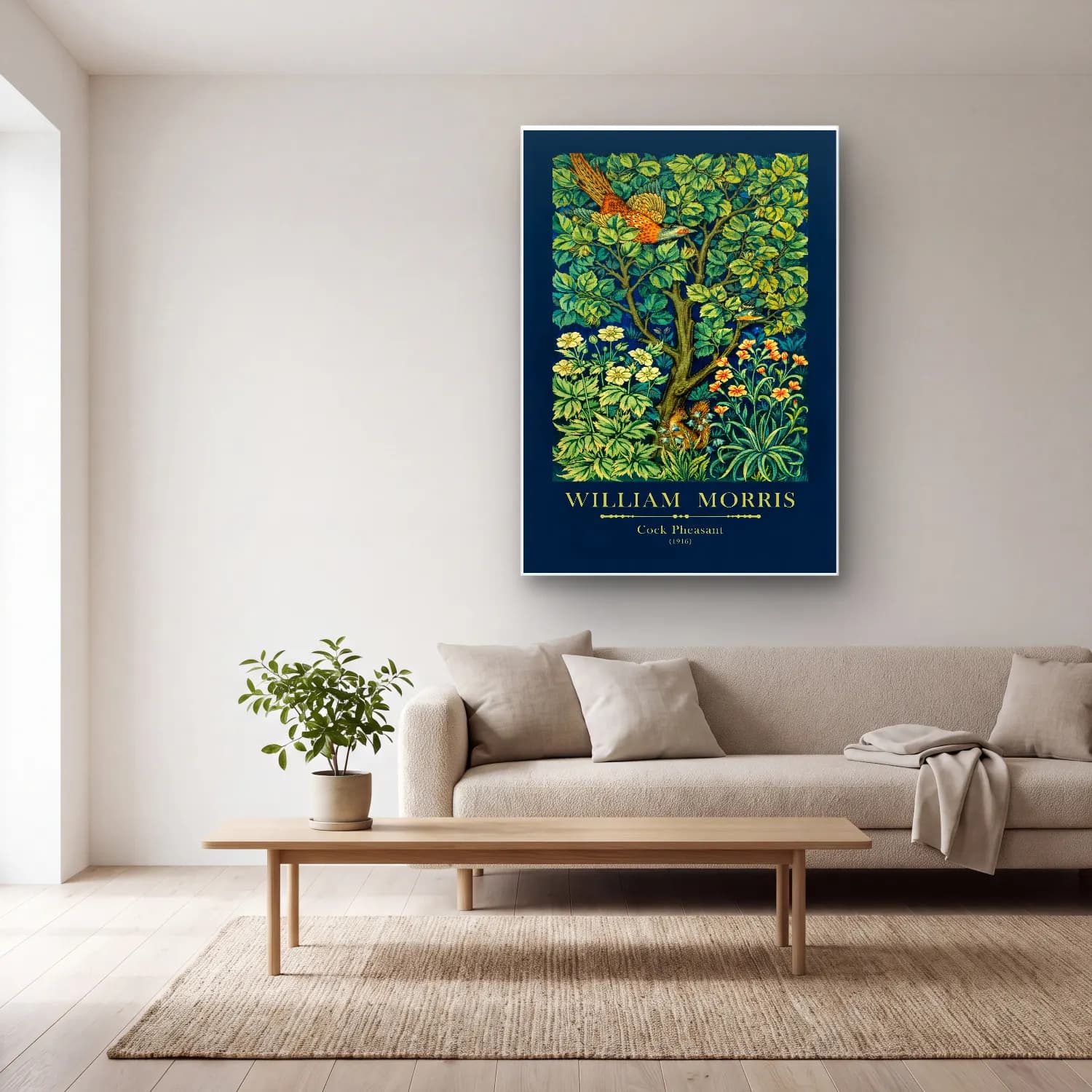 Vintage Poster Çiçek Bahçesi cam tablo — açık renk salonda